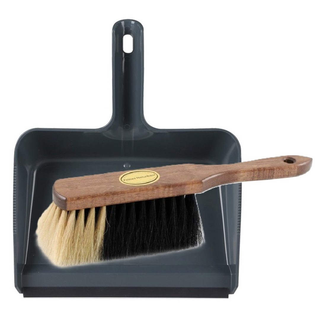 Stoffer en blik set Freya - blik kunststof - blauw - 38 x 30 cm - borstel hout/paardenhaar 29 cm -