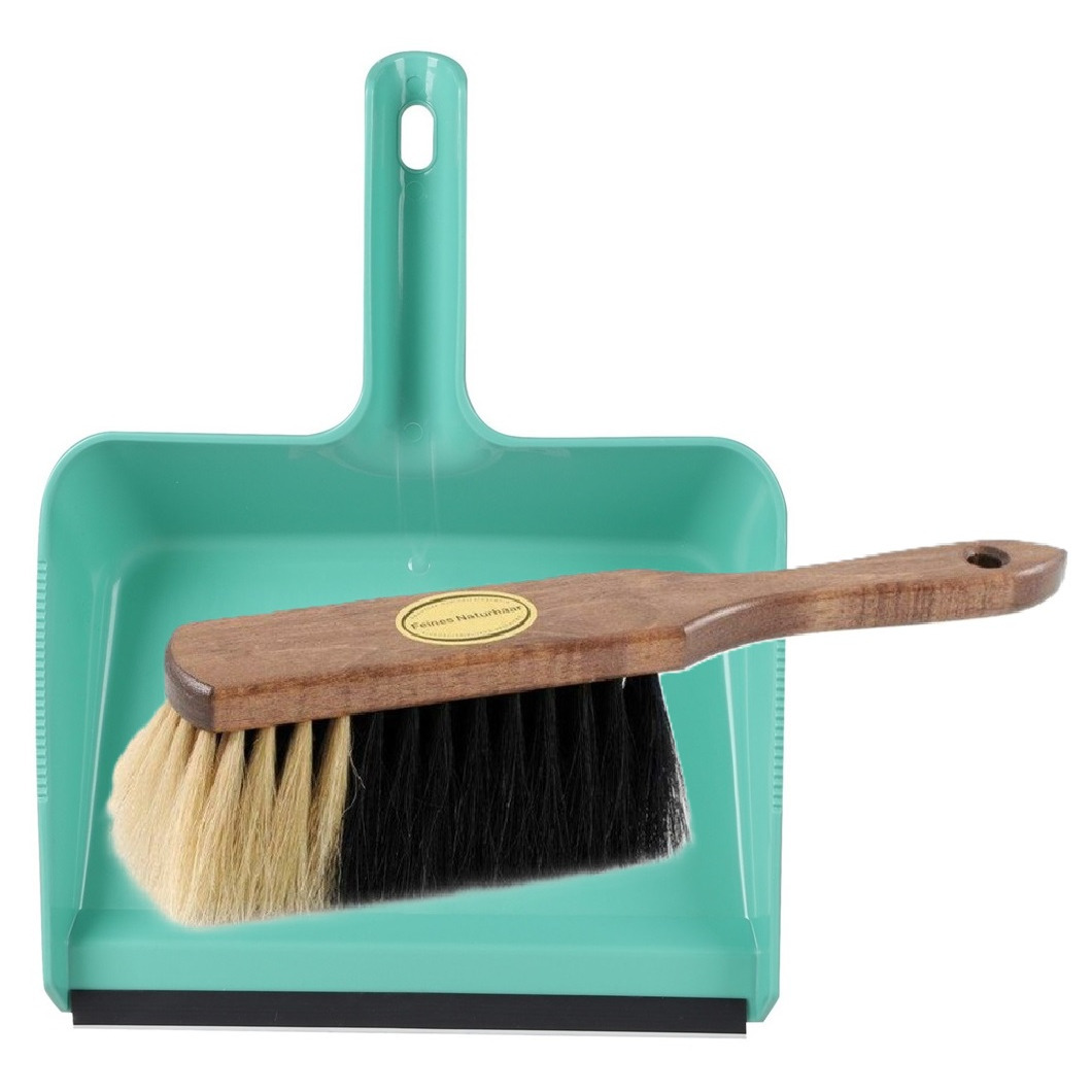 Stoffer en blik set Freya - blik kunststof - mint - 38 x 30 cm - borstel hout/paardenhaar 29 cm -
