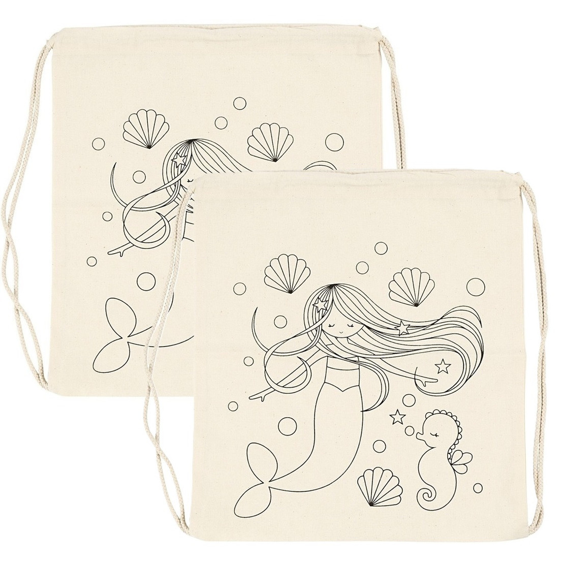 Rugzakje met zeemeermin print - 2x - inkleurbaar - canvas - 37 x 41 cm -