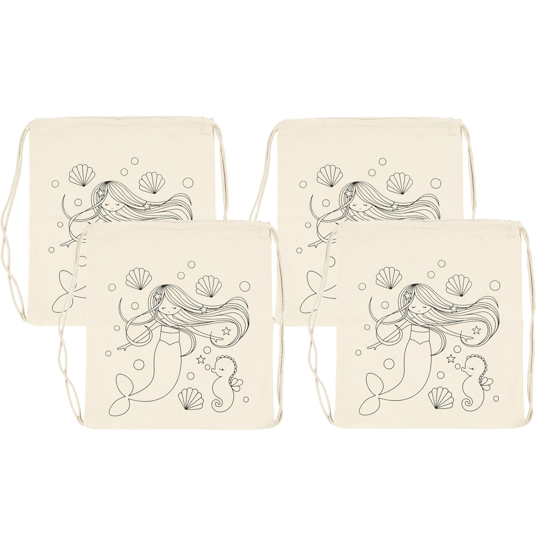 Rugzakje met zeemeermin print - 4x - inkleurbaar - canvas - 37 x 41 cm -