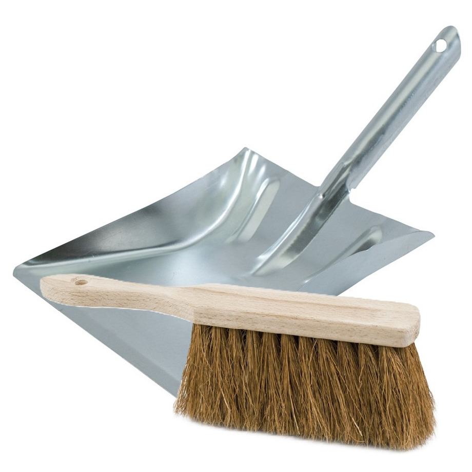 Stoffer en Blik set Thor - voor buiten - blik van metaal - zilver - 38 x 23 cm - borstel hout 28 cm -