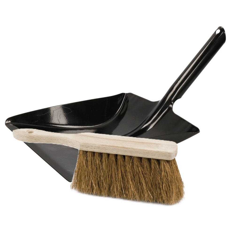 Stoffer en Blik set Thor - voor buiten - blik van metaal - zwart - 38 x 23 cm - borstel hout 28 cm -