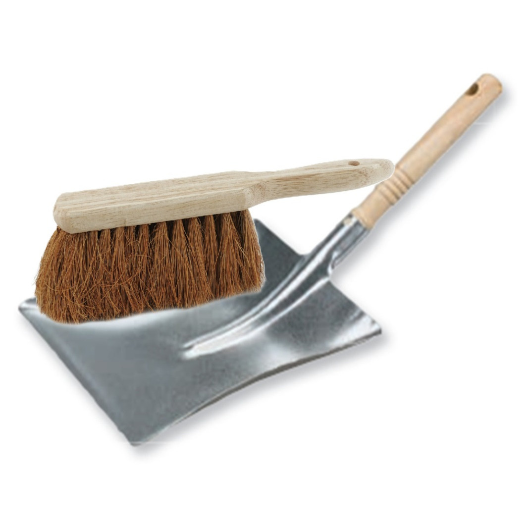 Stoffer en blik set voor buiten - zilver/naturel - verzinkt metaal - hout met kokosharen -