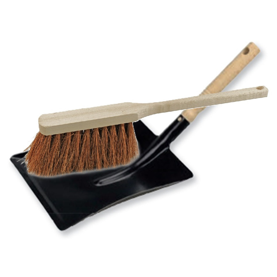 Stoffer en blik set voor buiten - zwart/naturel - verzinkt metaal - hout met kokosharen -