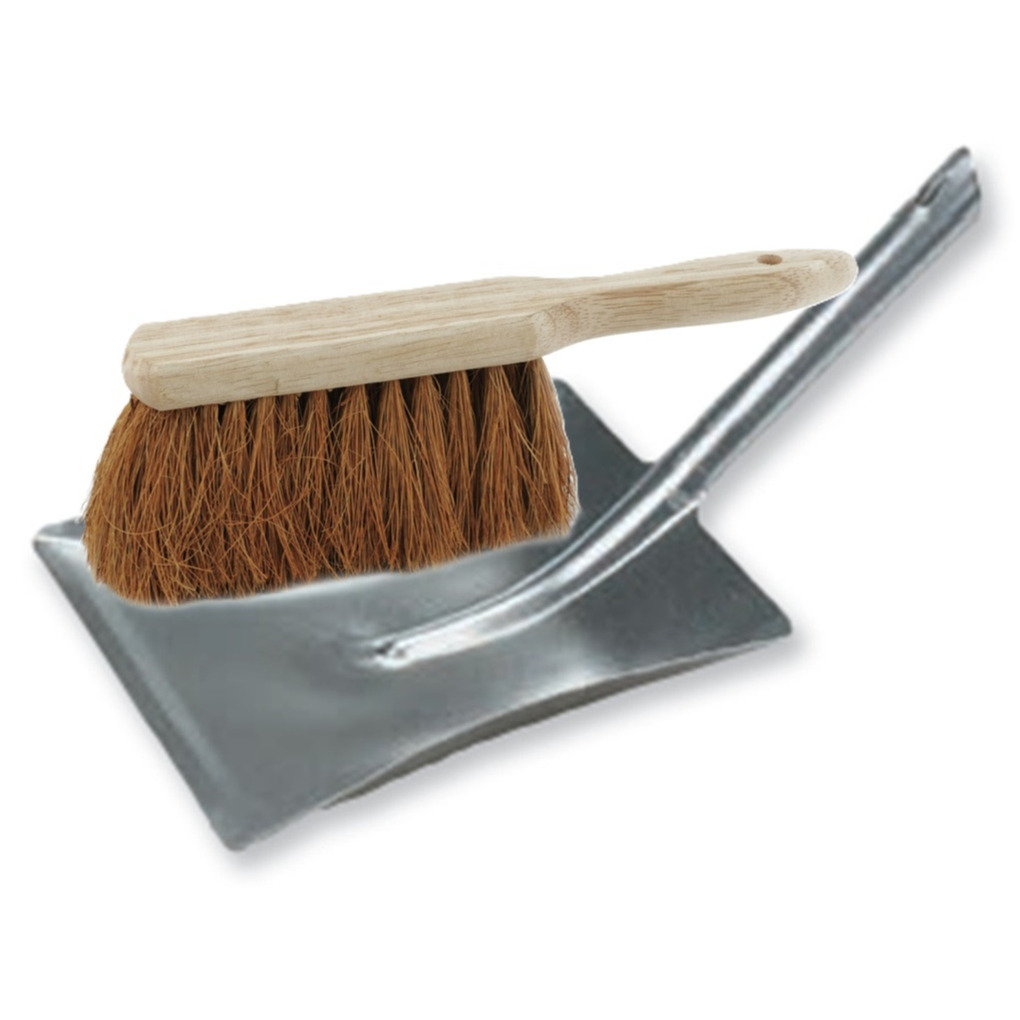 Stoffer en blik set voor buiten - zilver/naturel - verzinkt metaal - hout met kokosharen -