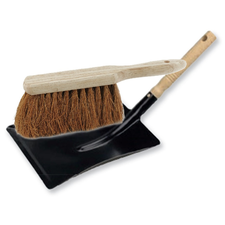 Stoffer en blik set voor buiten - zwart/naturel - verzinkt metaal - hout met kokosharen -