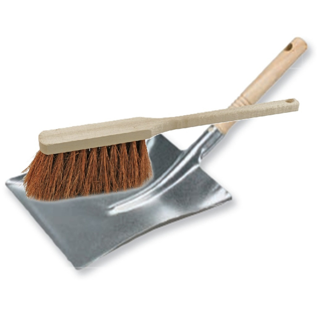Stoffer en blik set voor buiten - zilver/naturel - verzinkt metaal - hout met kokosharen -