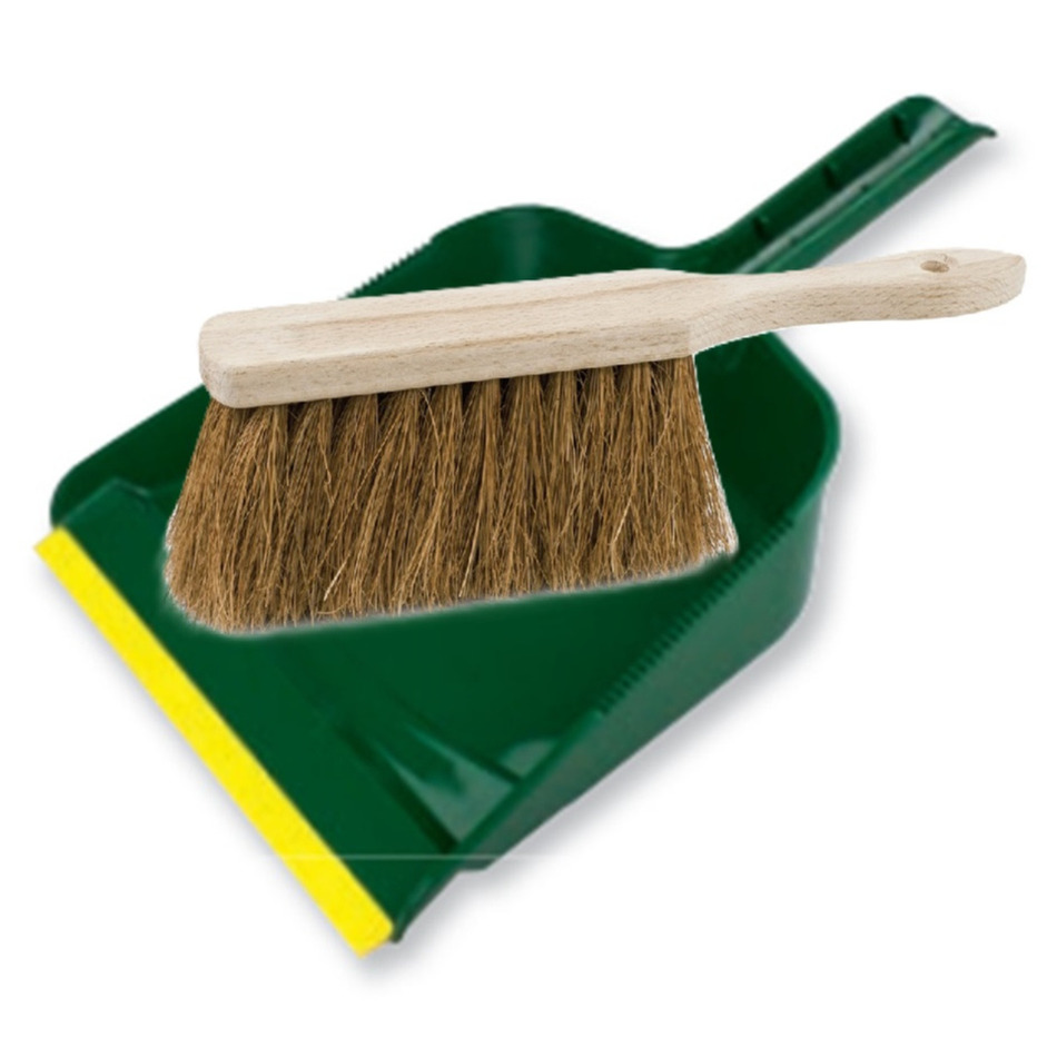 Stoffer en blik set voor buiten - groen/naturel - kunststof - hout met kokosharen -