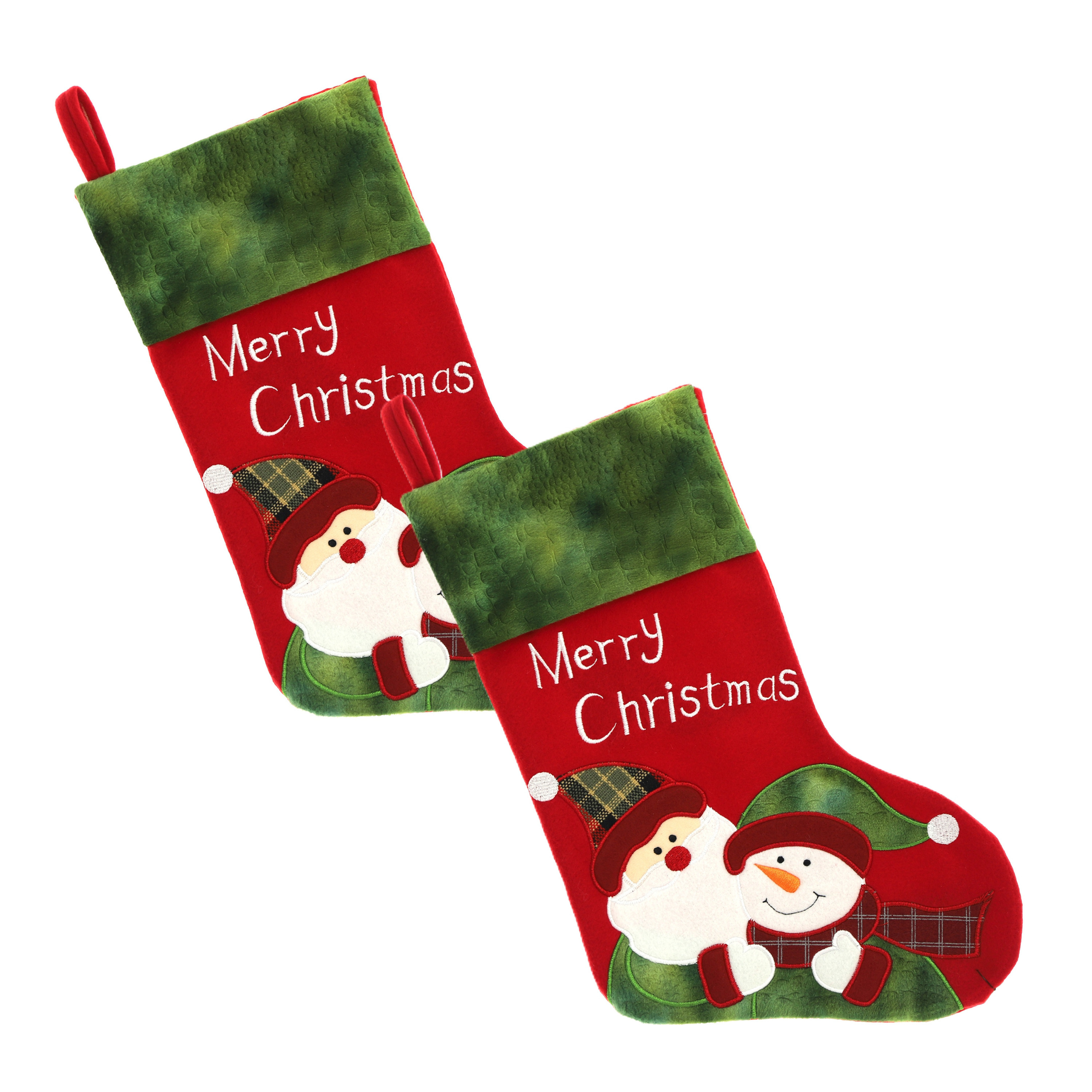 Unique Living kerstsokken - 2x st - rood/groen - B25 x H45 cm - polyester - Merry Christmas -