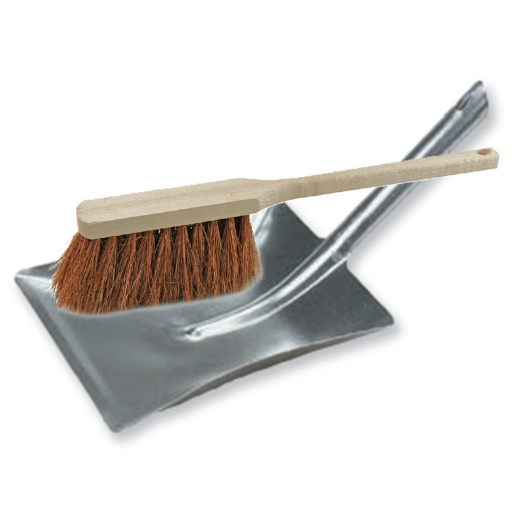 Stoffer en blik set voor buiten - zilver/naturel - verzinkt metaal - hout met kokosharen -
