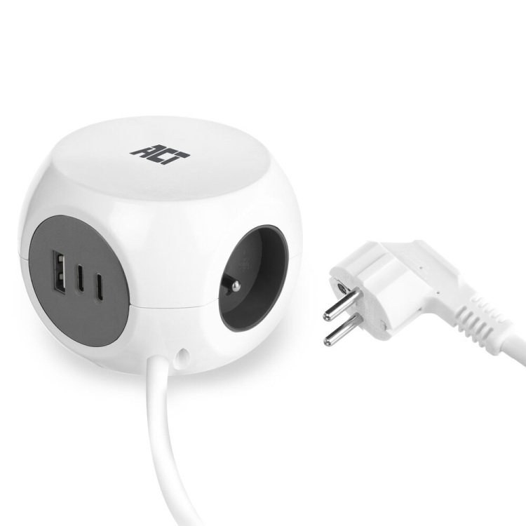 ACT Connectivity Stekkerdoos kubus met 3 stopcontacten, 30W Power Delivery USB-C/A poorten, kabellengte 1,5m stekkerdoos Type E