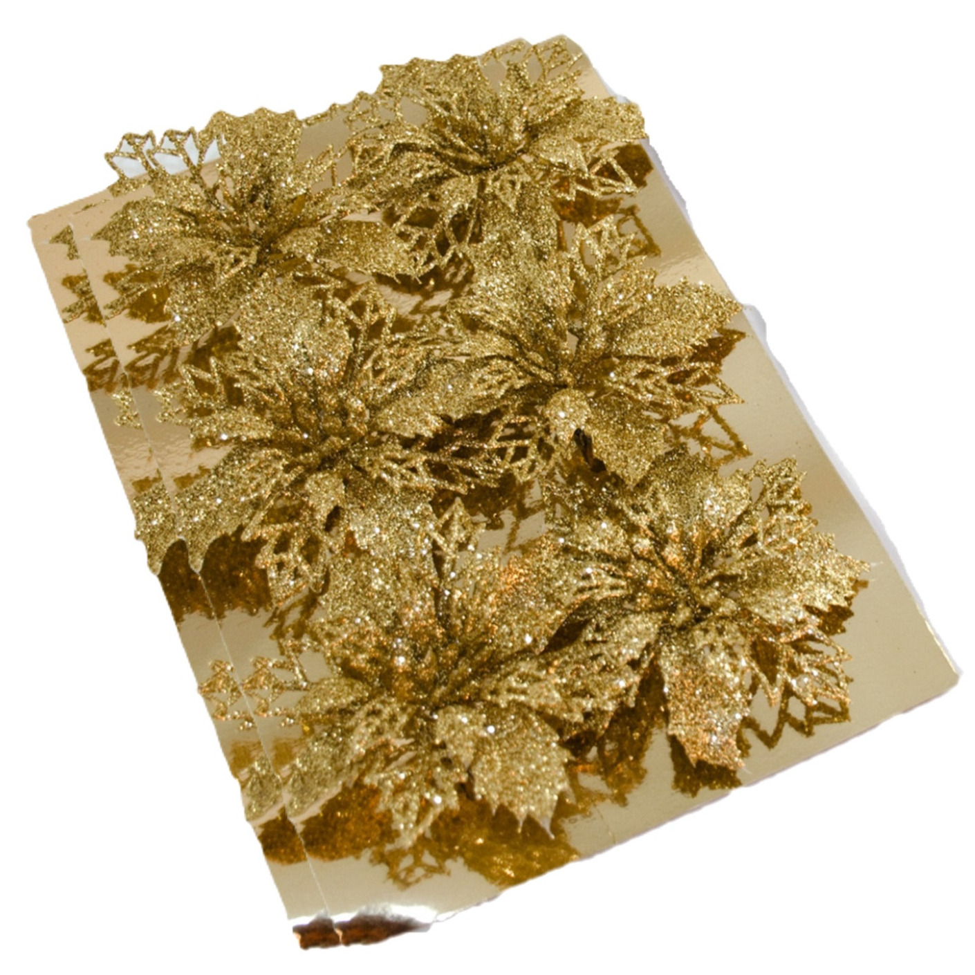 Kerstboom bloemen op clip - 12x stuks - goud - kunststof - kerstornamenten -