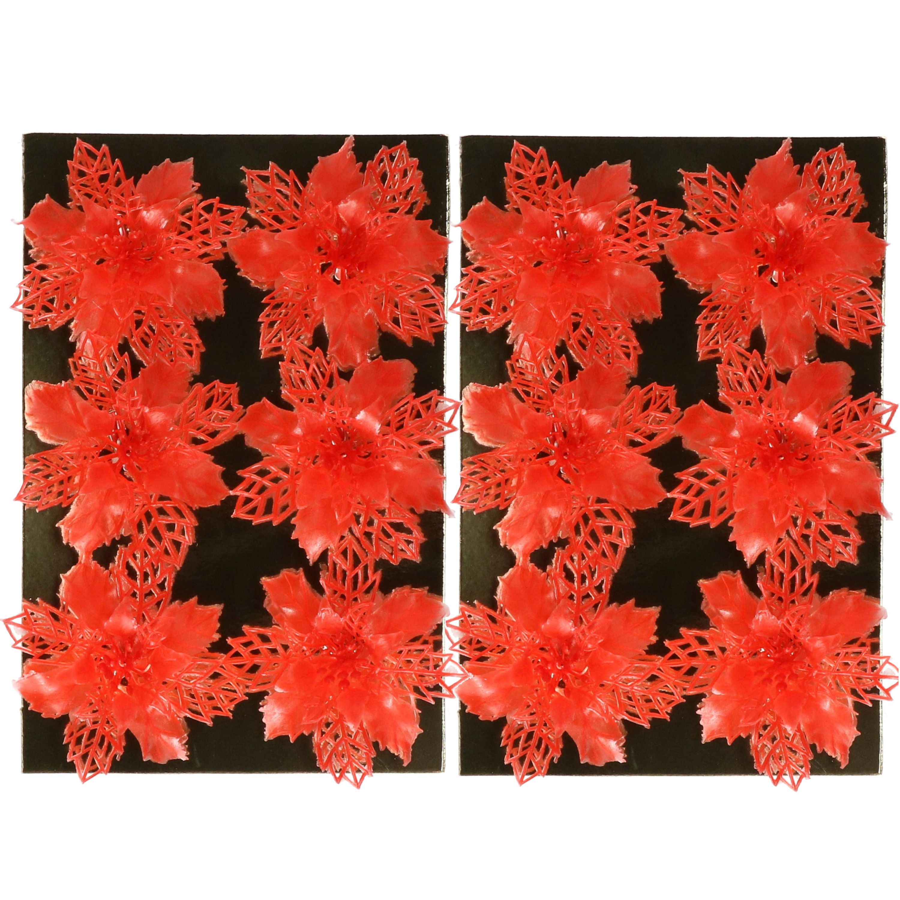 Kerstboom bloemen op clip - 12x stuks - rood - kunststof - kerstornamenten -