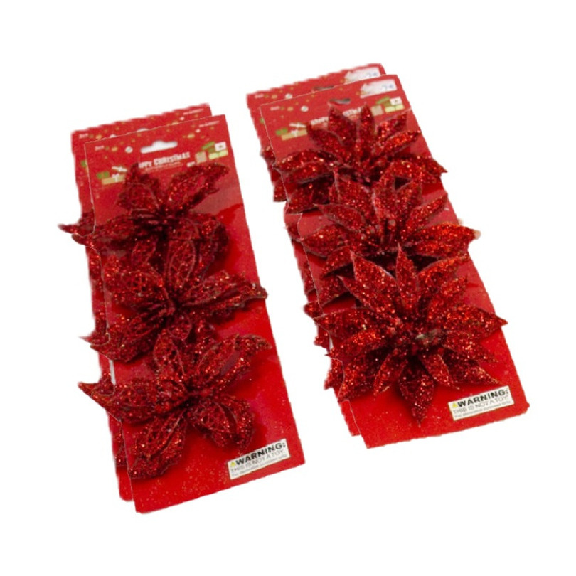Kerstboom bloemen op clip - 12x stuks - rood - kunststof - kerstornamenten -