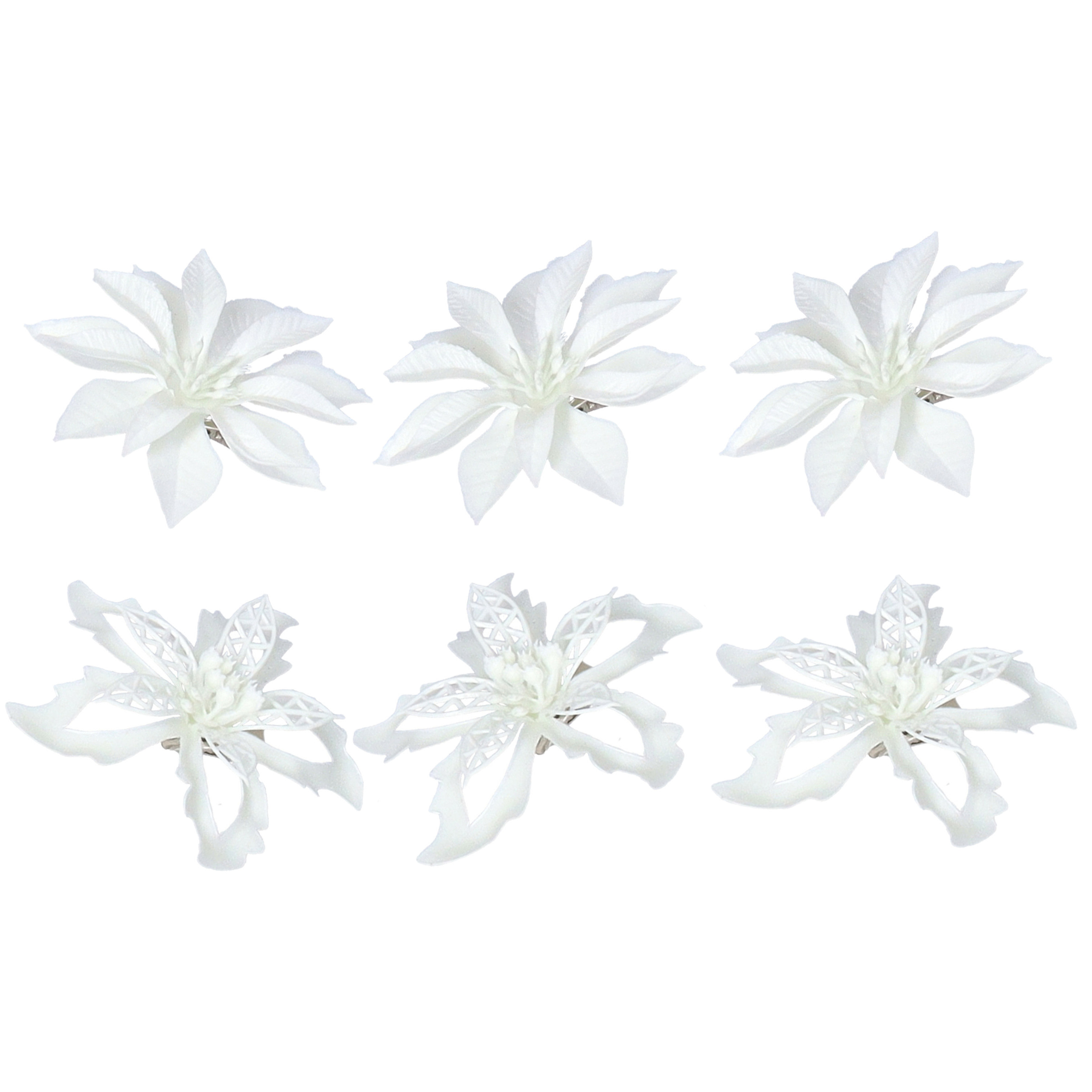 Kerstboom bloemen op clip - 12x stuks - wit - kunststof - kerstornamenten -