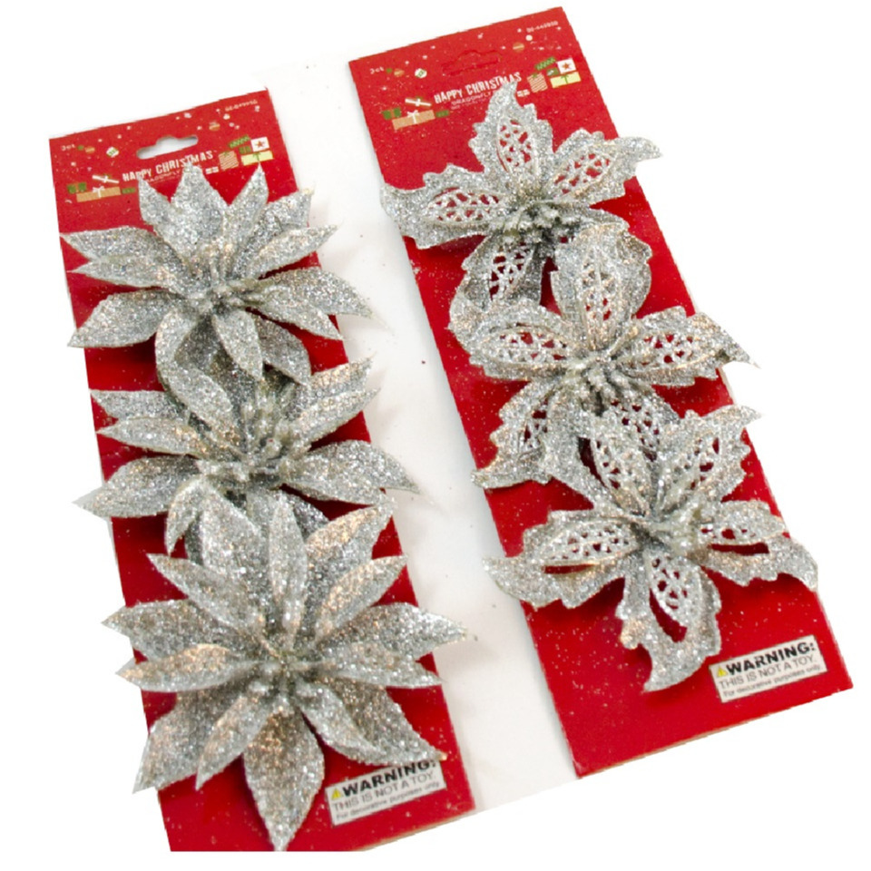 Decoratie bloemen op clip - 6x stuks - zilver - kunststof - kerstornamenten -