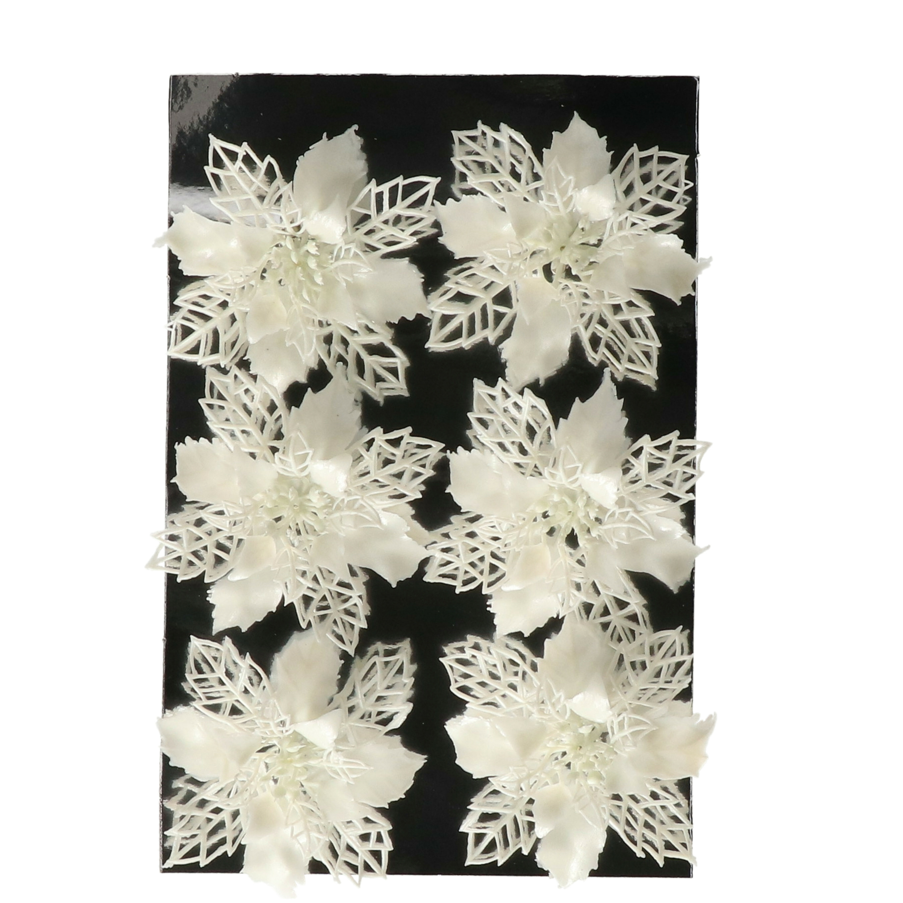 Kerstboom bloemen op clip - 12x stuks - wit - kunststof - kerstornamenten -