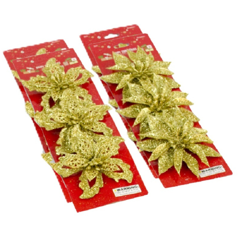 Kerstboom bloemen op clip - 12x stuks - goud - kunststof - kerstornamenten -