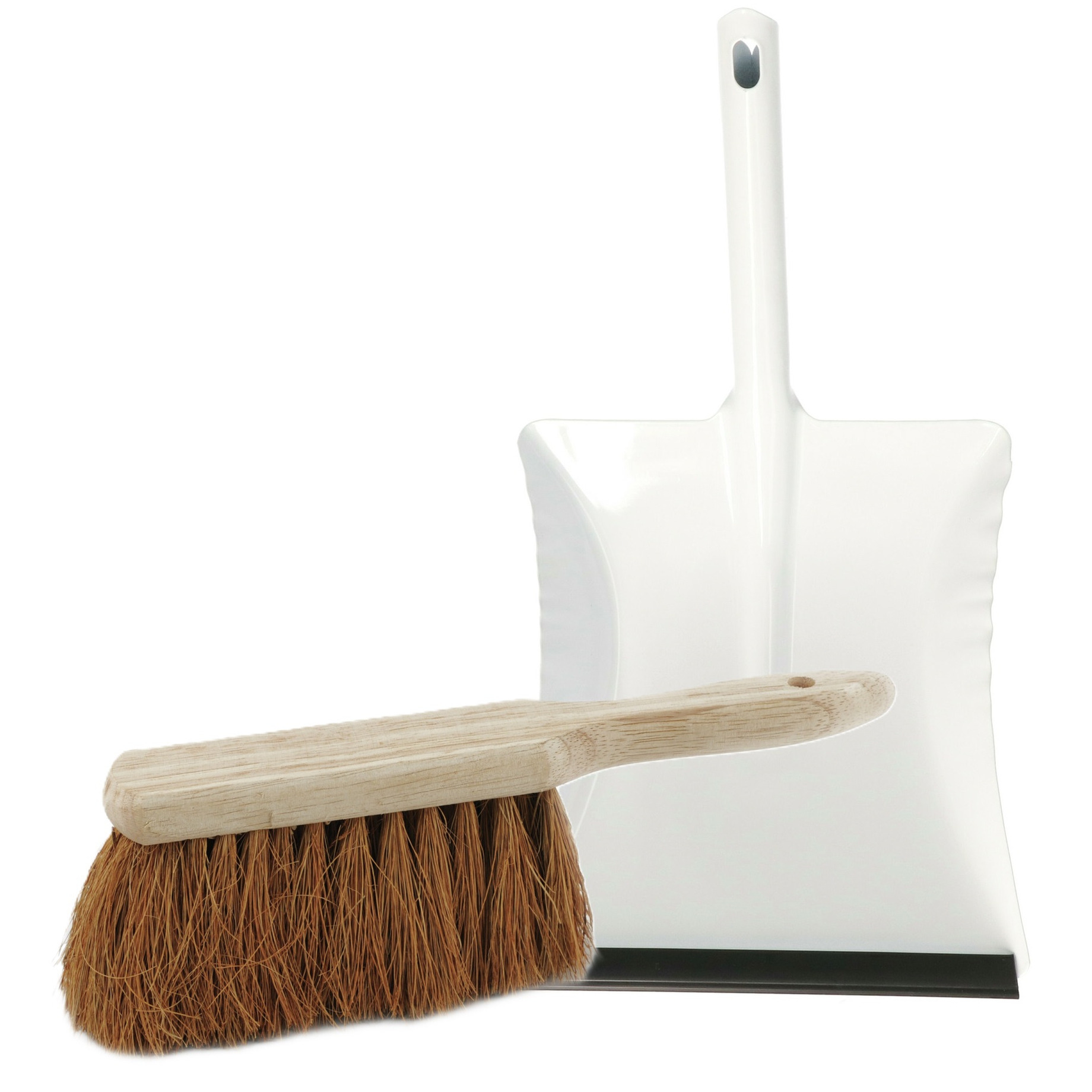 Stoffer en blik set voor buiten - wit/naturel - verzinkt metaal - hout met kokosharen -
