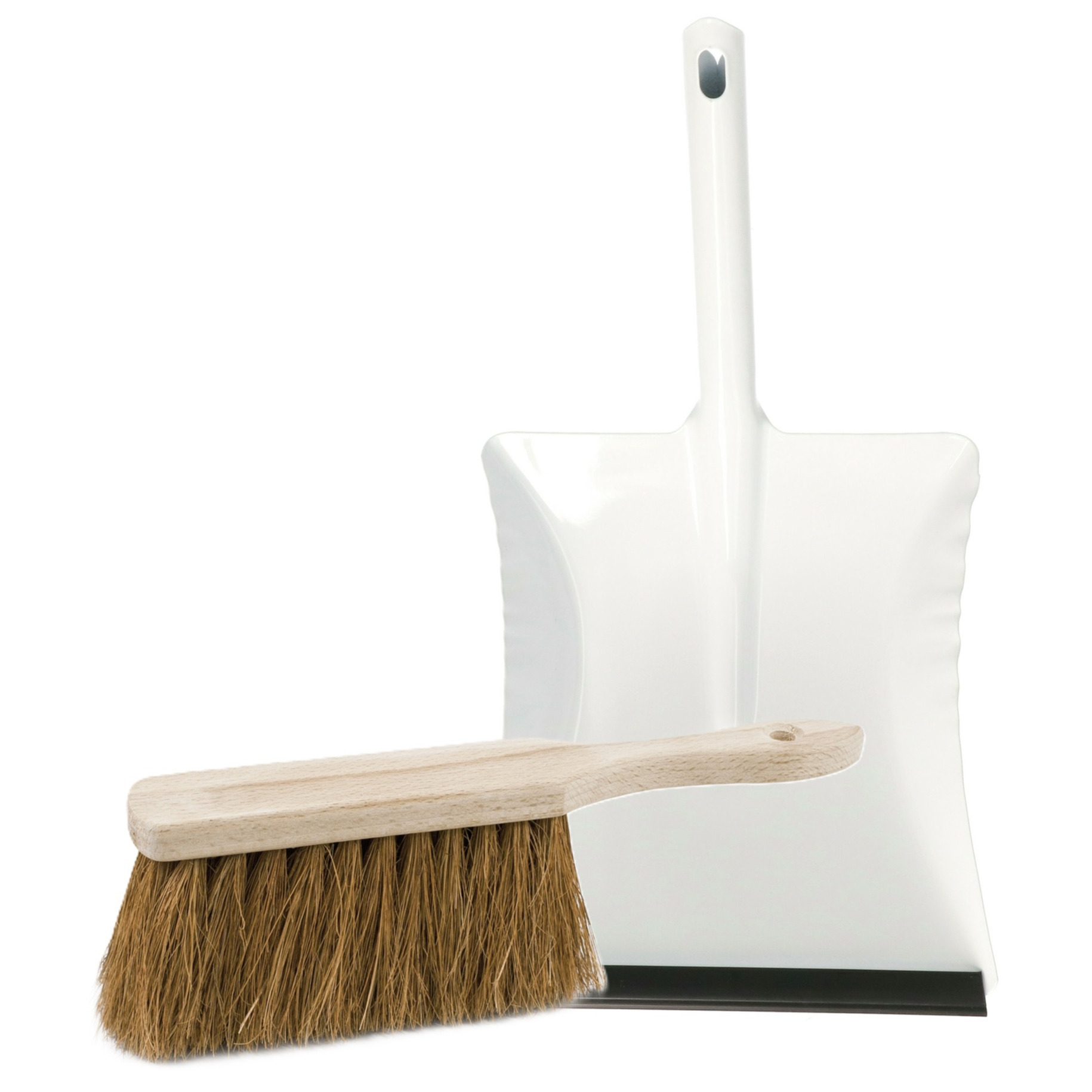 Stoffer en blik set voor buiten - wit/naturel - verzinkt metaal - hout met extra veel kokosharen -