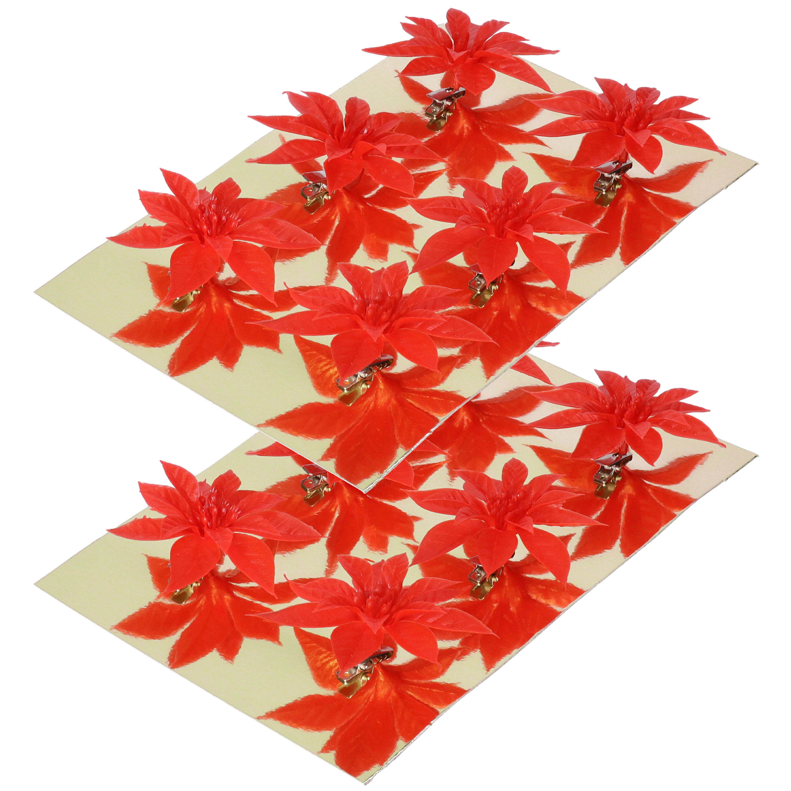 Kerstboom bloemen op clip - 12x stuks - rood - kunststof - kerstornamenten -