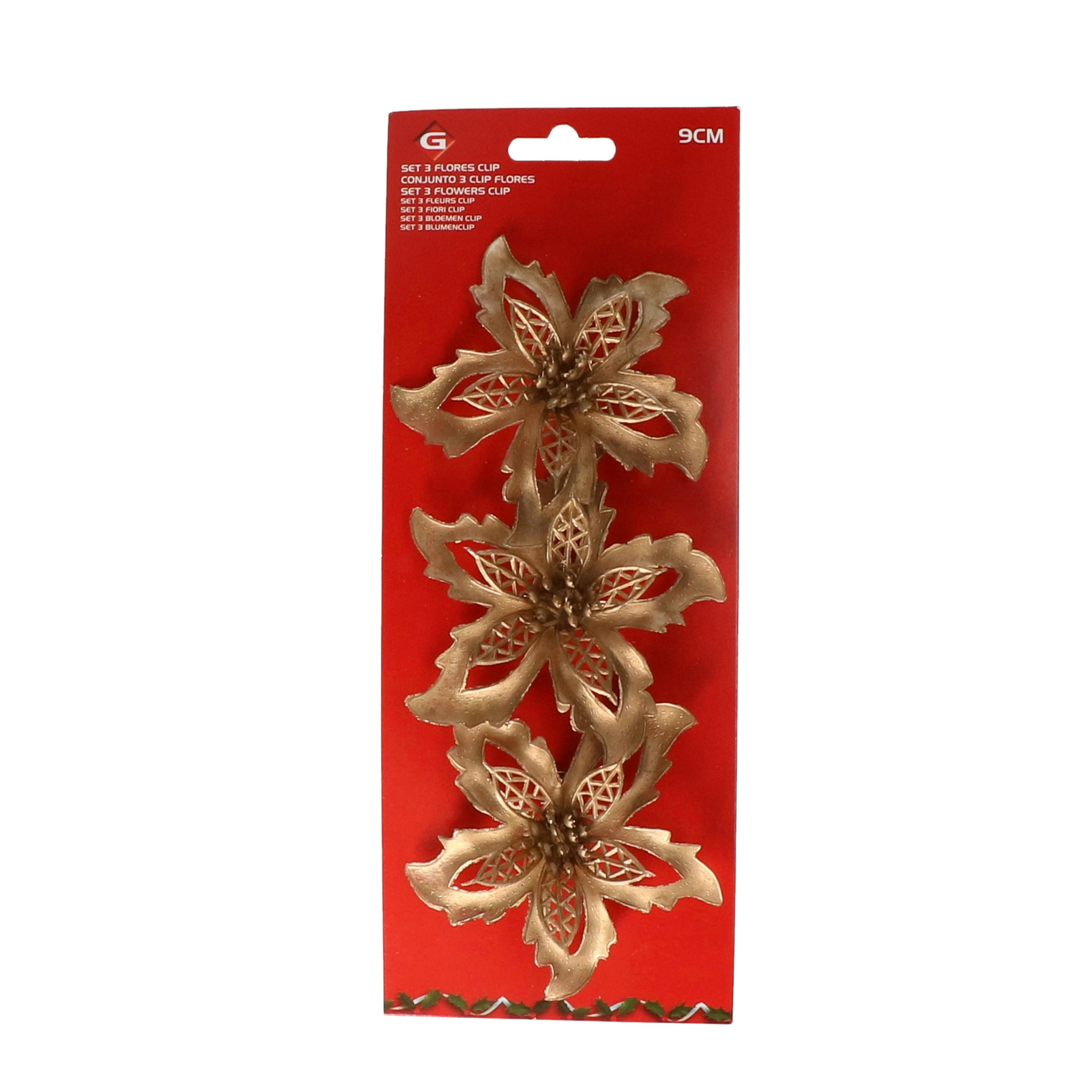 Kerstboom bloemen op clip - 6x stuks - goud - kunststof - kerstornamenten -