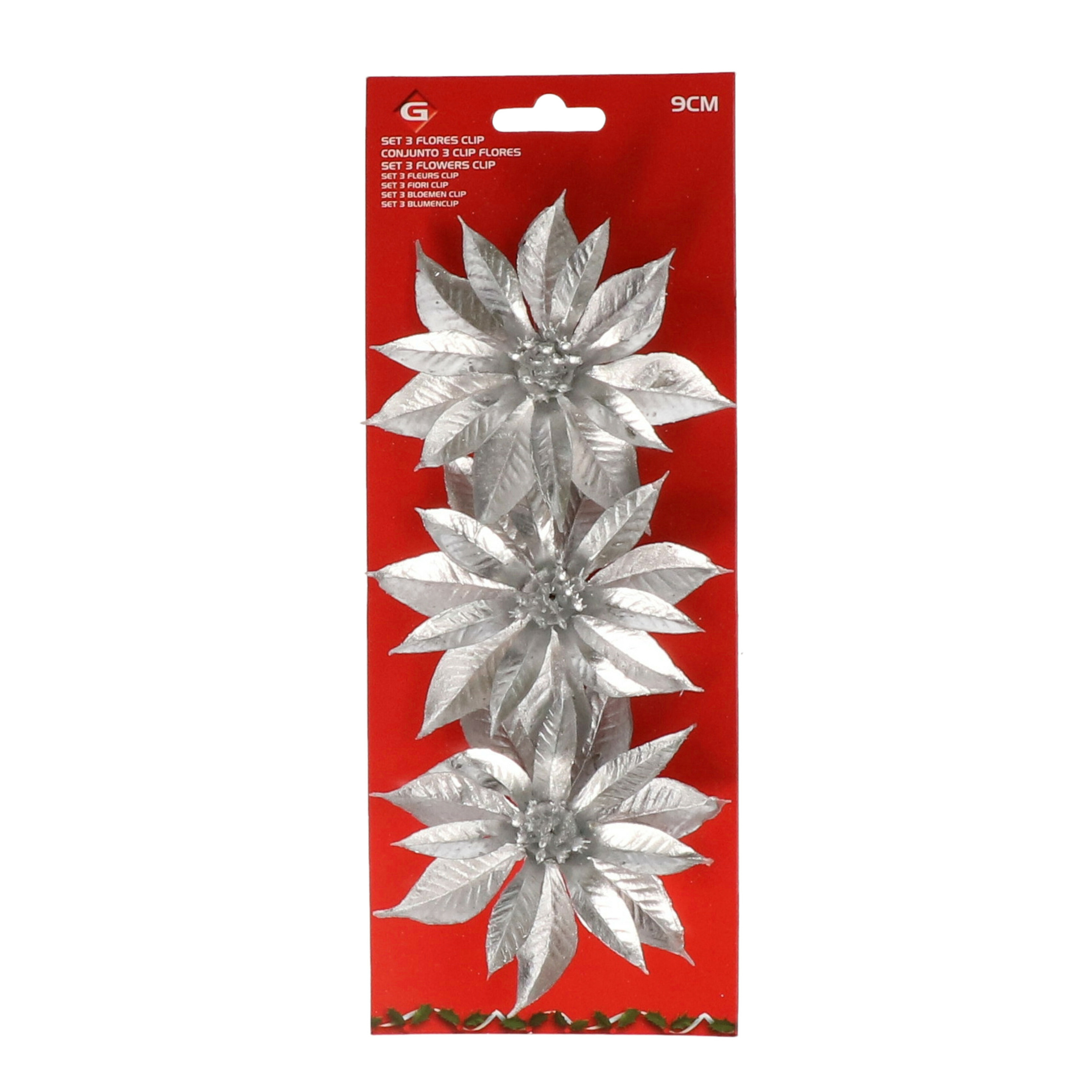 Kerstboom bloemen op clip - 6x stuks - zilver - kunststof - kerstornamenten -