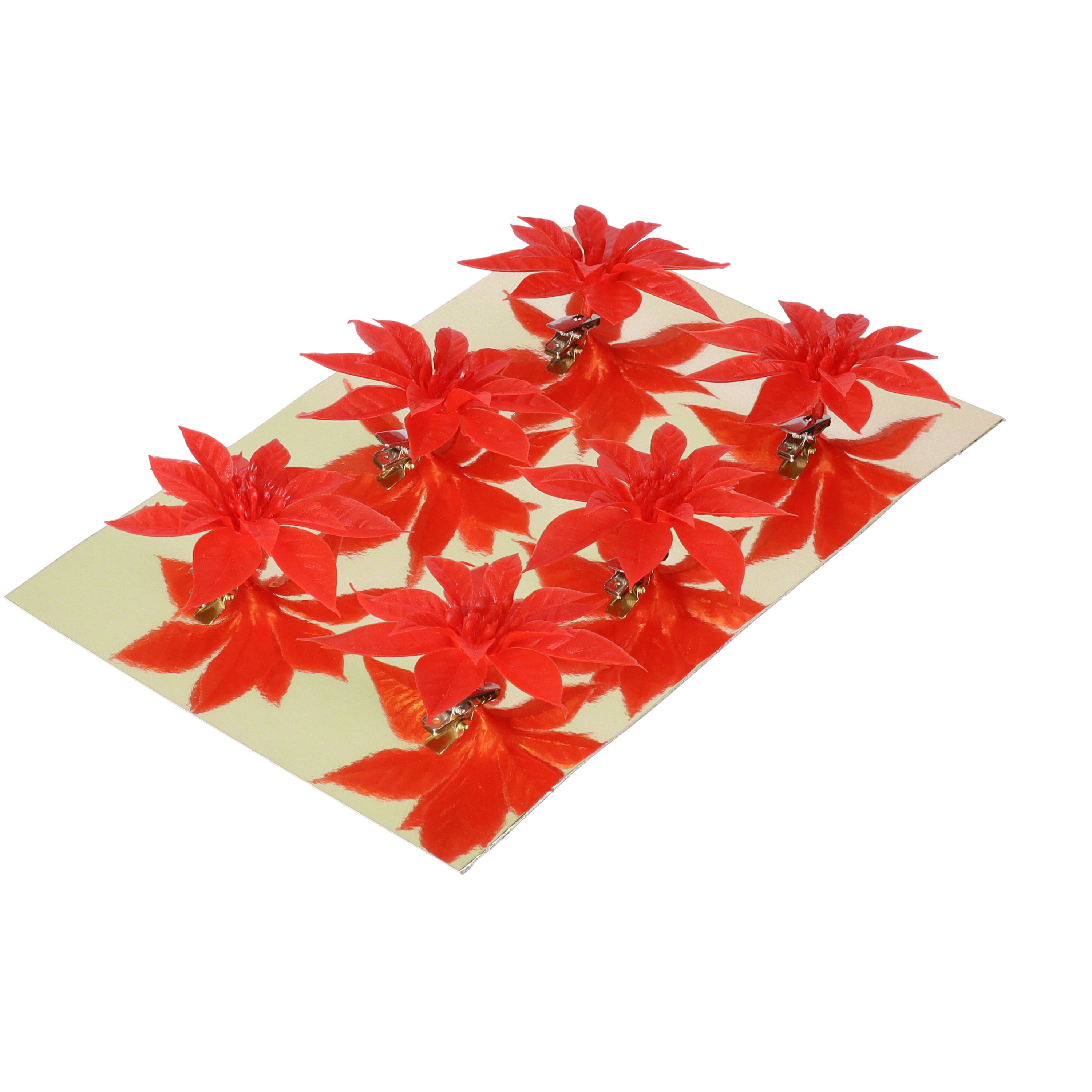 Kerstboom bloemen op clip - 6x stuks - rood - kunststof - kerstornamenten -
