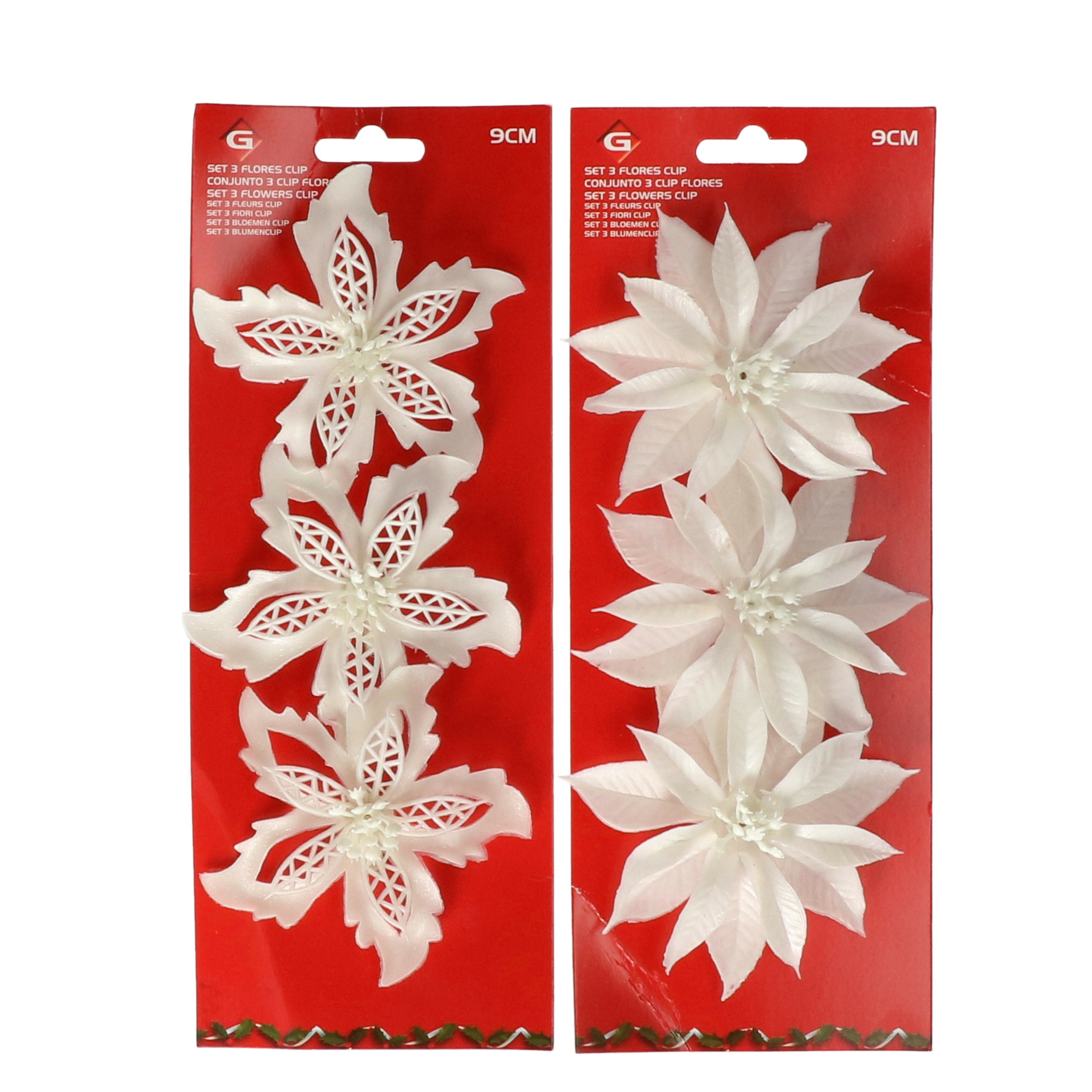 Kerstboom bloemen op clip - 6x stuks - wit - kunststof - kerstornamenten -