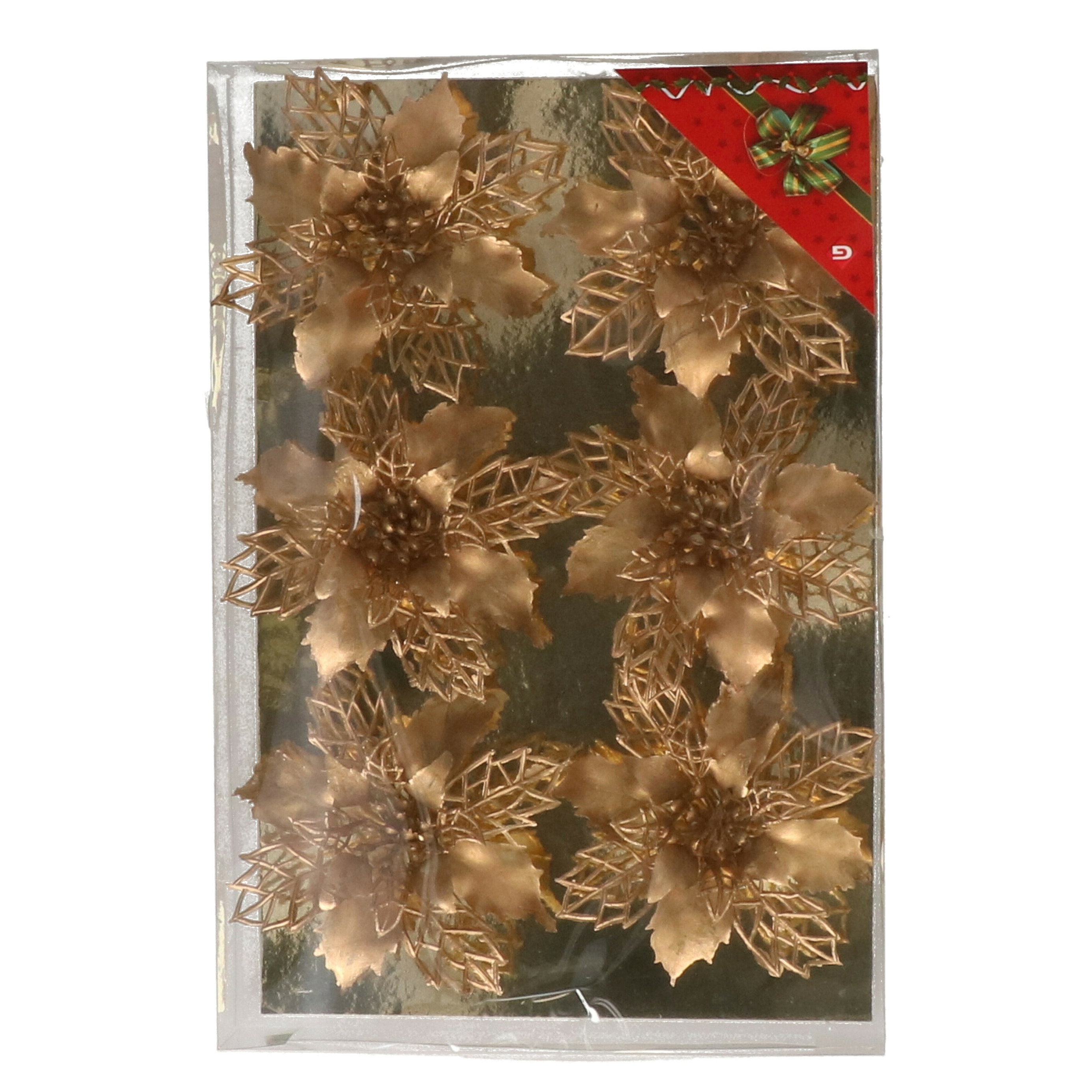 Kerstboom bloemen op clip - 6x stuks - goud - kunststof - kerstornamenten -