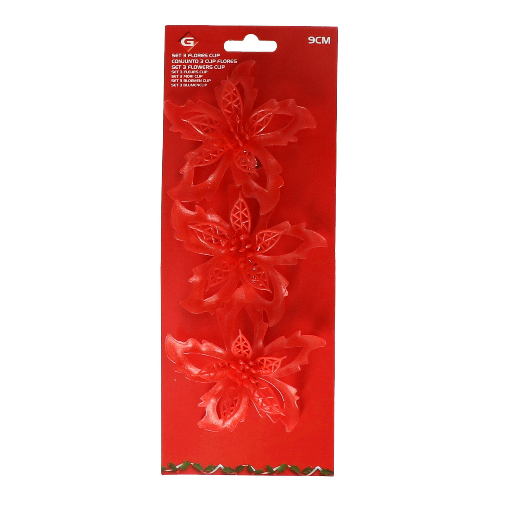 Kerstboom bloemen op clip - 6x stuks - rood - kunststof - kerstornamenten -