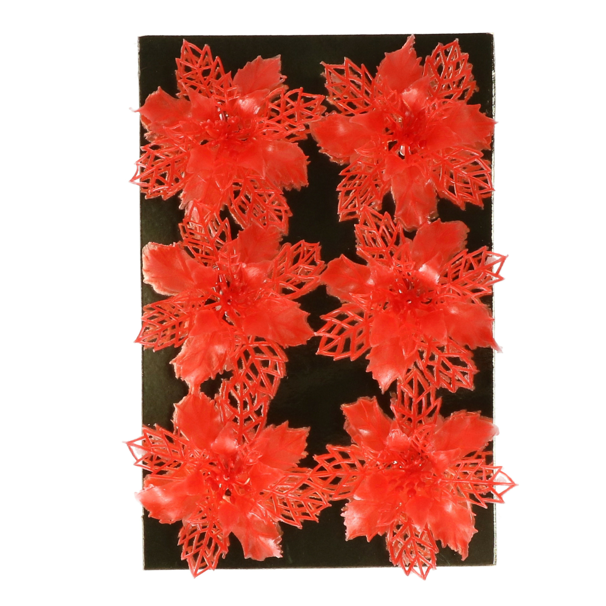 Kerstboom bloemen op clip - 6x stuks - rood - kunststof - kerstornamenten -
