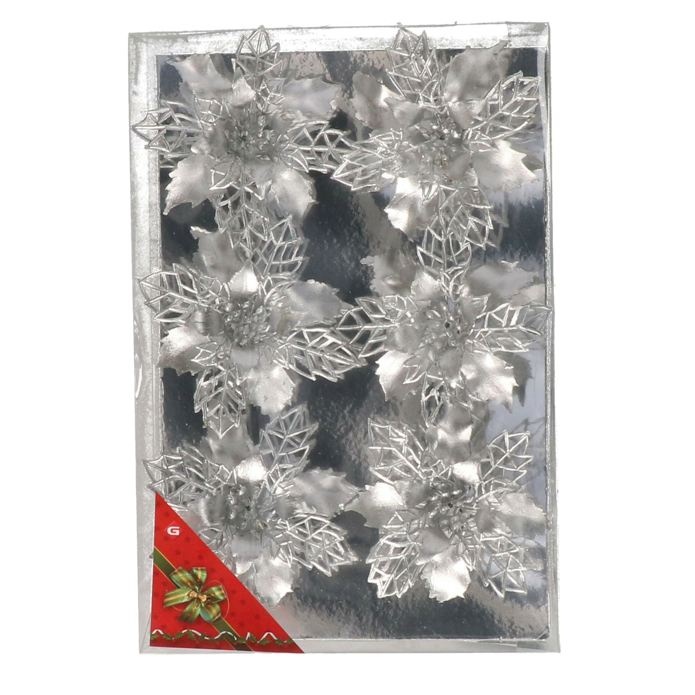 Kerstboom bloemen op clip - 6x stuks - zilver - kunststof - kerstornamenten -