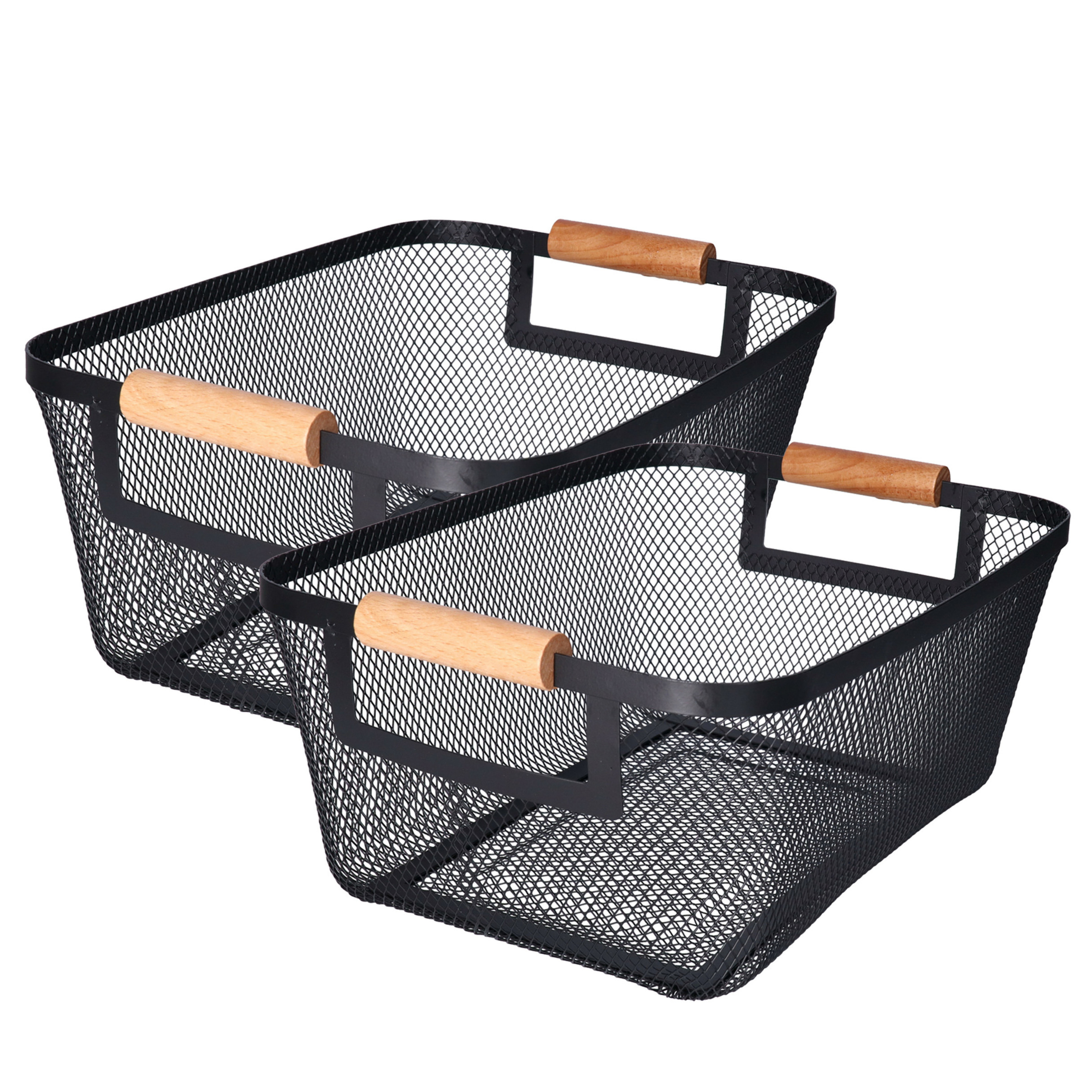 Opbergmand - 2x - met handgrepen - zwart - metaal - 31 x 22 x 14 cm - draadmand -