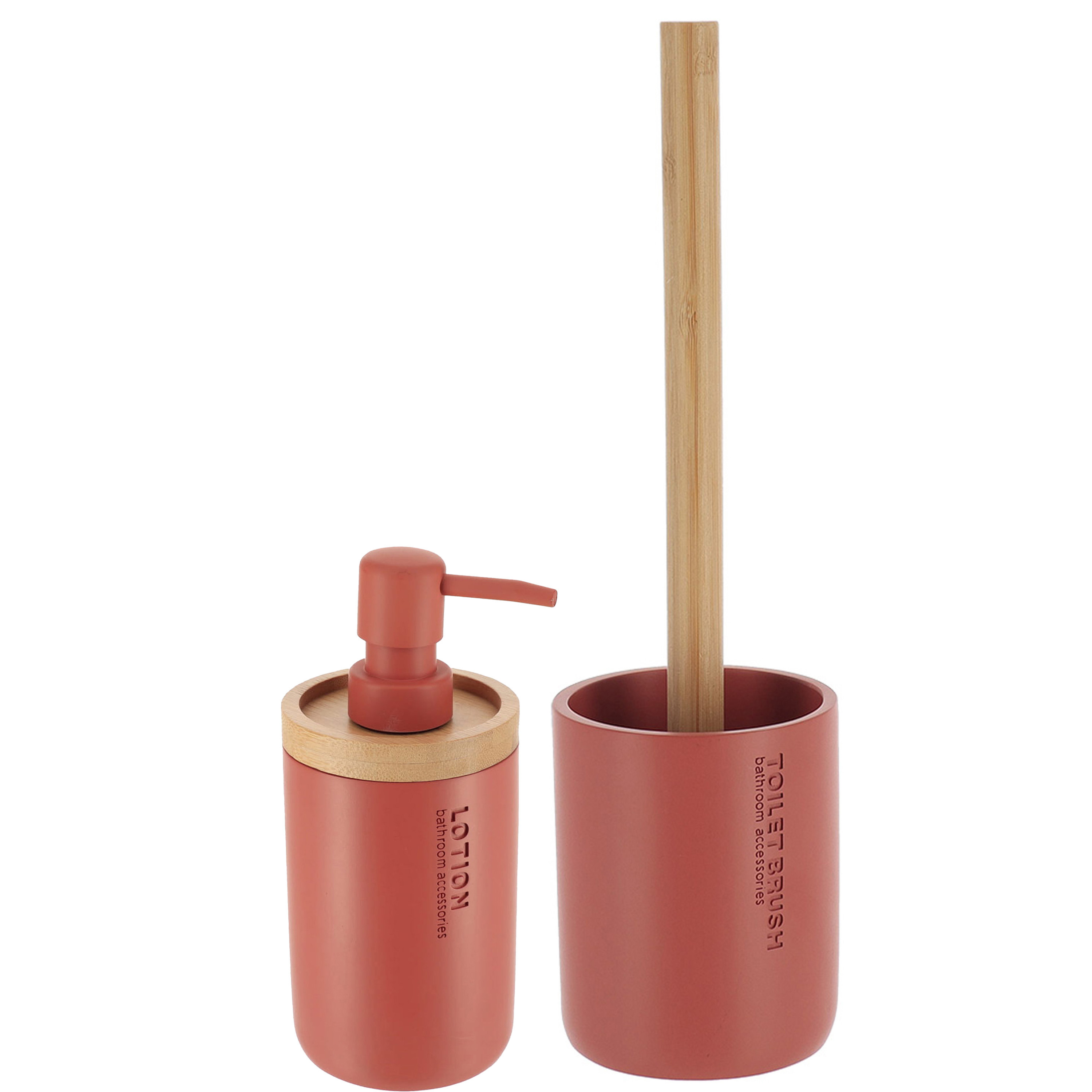 Tendance Badkamer accessoires set 2-delig - Polyresin/bamboe - terracotta - robuust - matte coating -