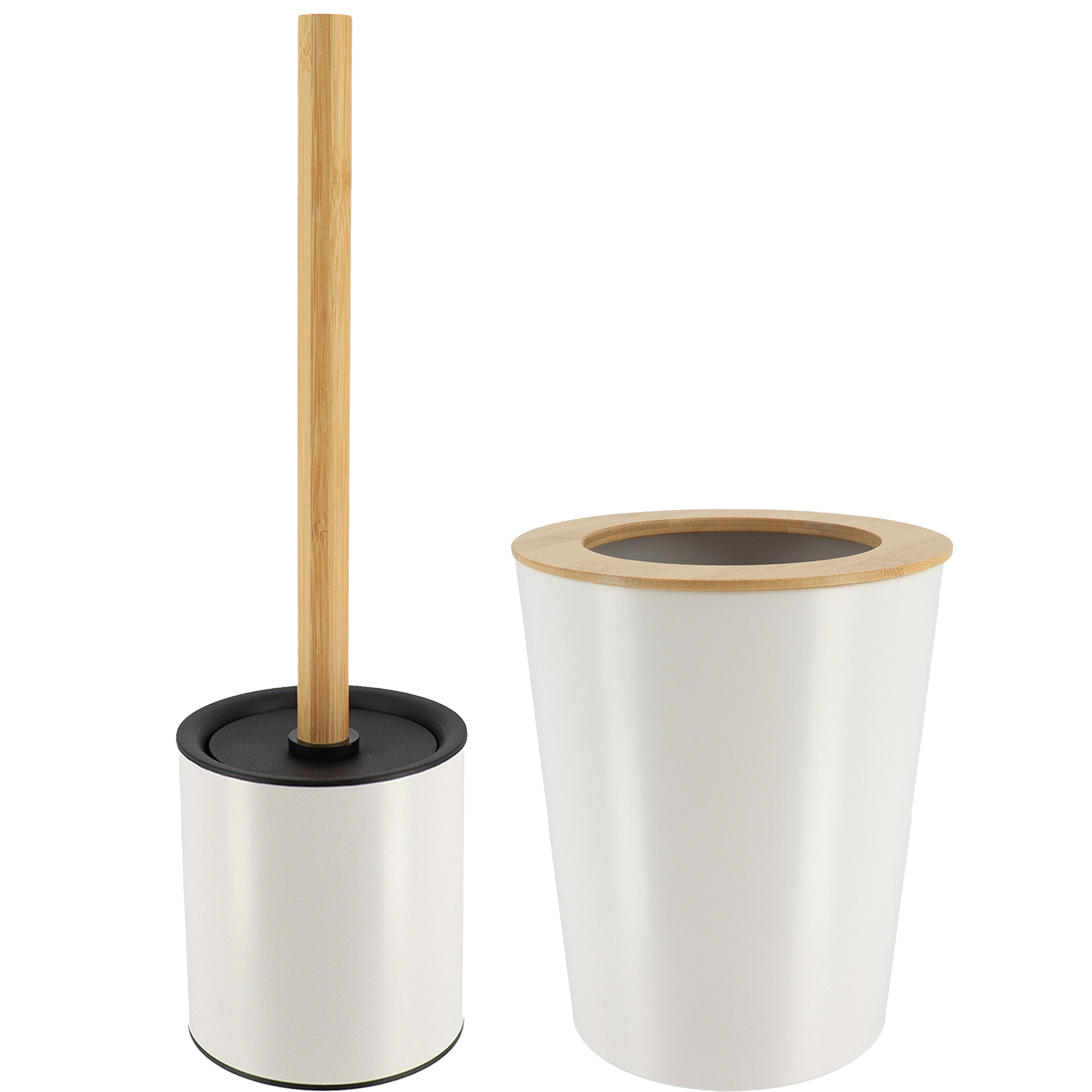 Tendance Badkamer accessoires set 2-delig - metaal/bamboe - wit - stijlvol -