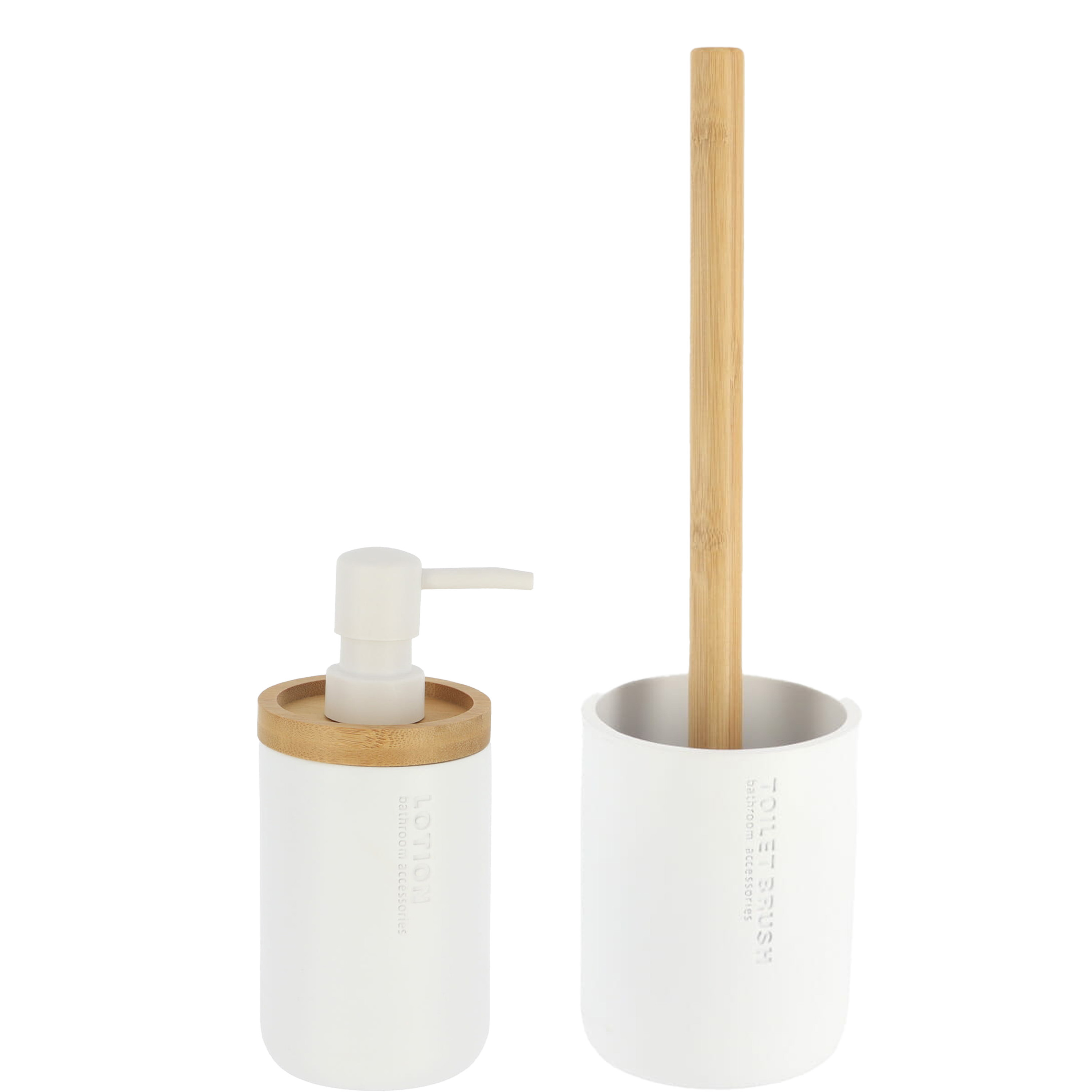 Tendance Badkamer accessoires set 2-delig - Polyresin/bamboe - wit - robuust - matte coating -