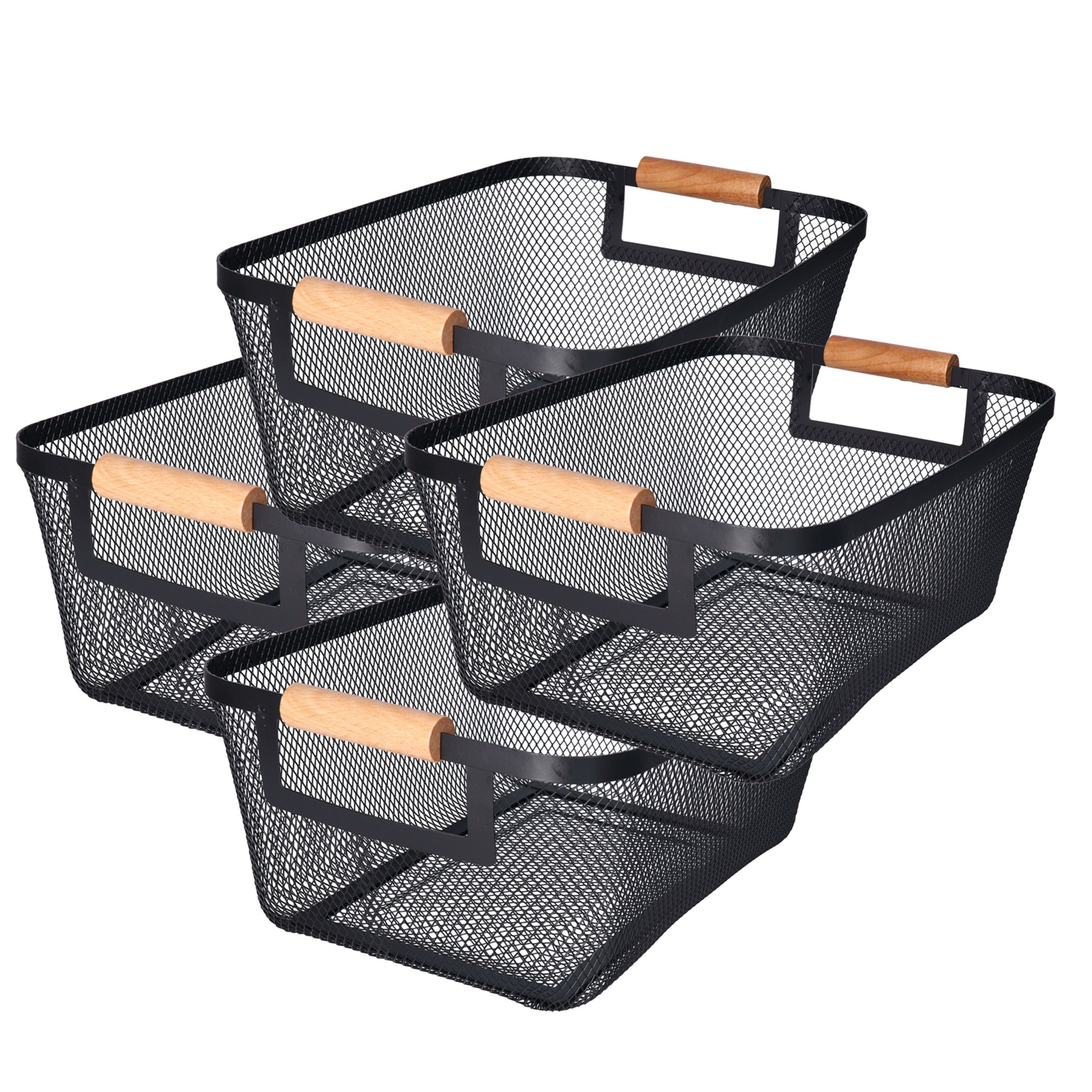 Opbergmand - 4x - met handgrepen - zwart - metaal - 31 x 22 x 14 cm - draadmand -