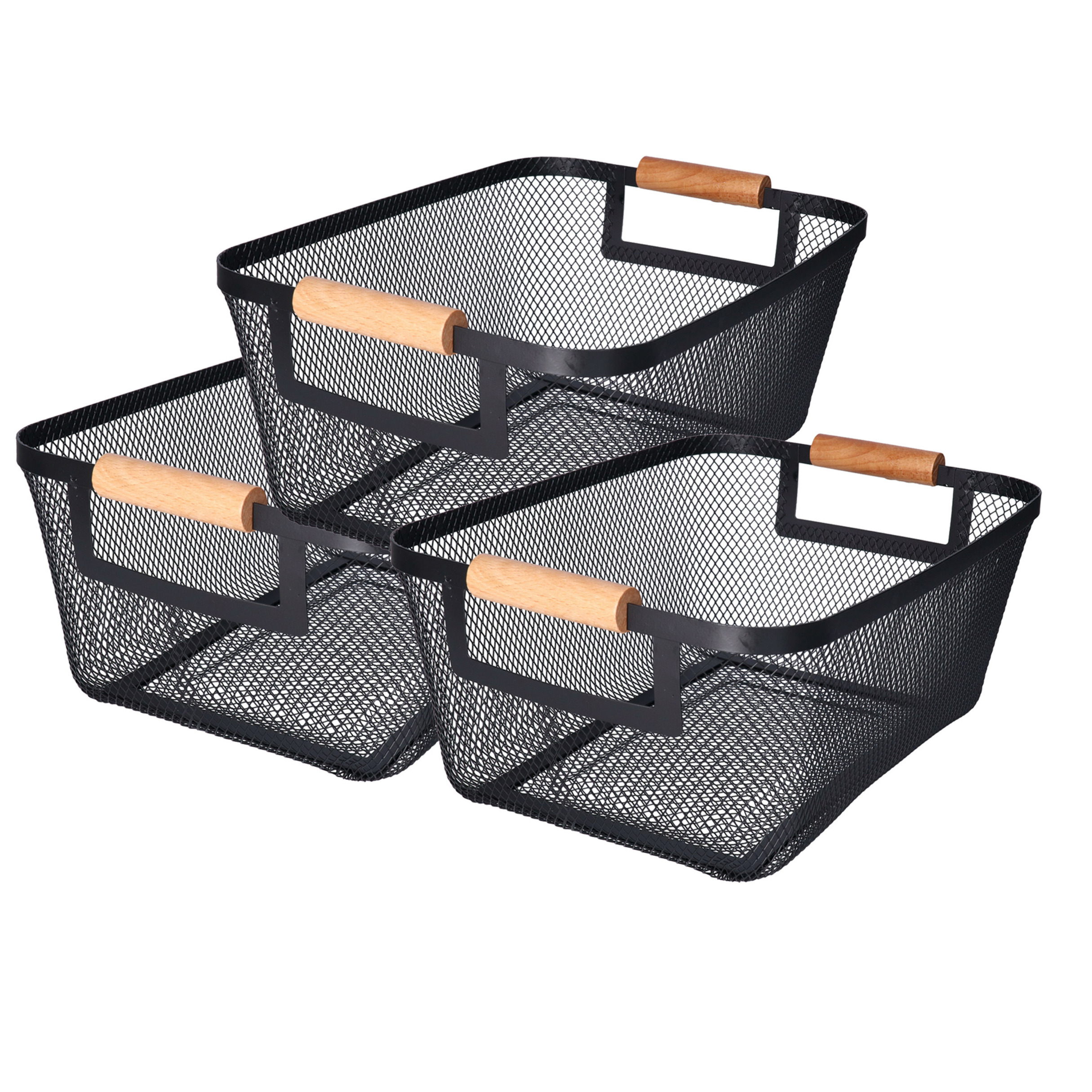 Opbergmand - 3x - met handgrepen - zwart - metaal - 31 x 22 x 14 cm - draadmand -