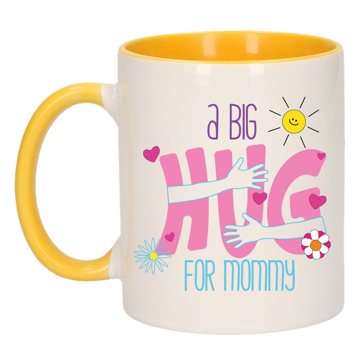 Cadeau koffie/thee mok voor mama - geel - big hug - keramiek - 300 ml - Moederdag -