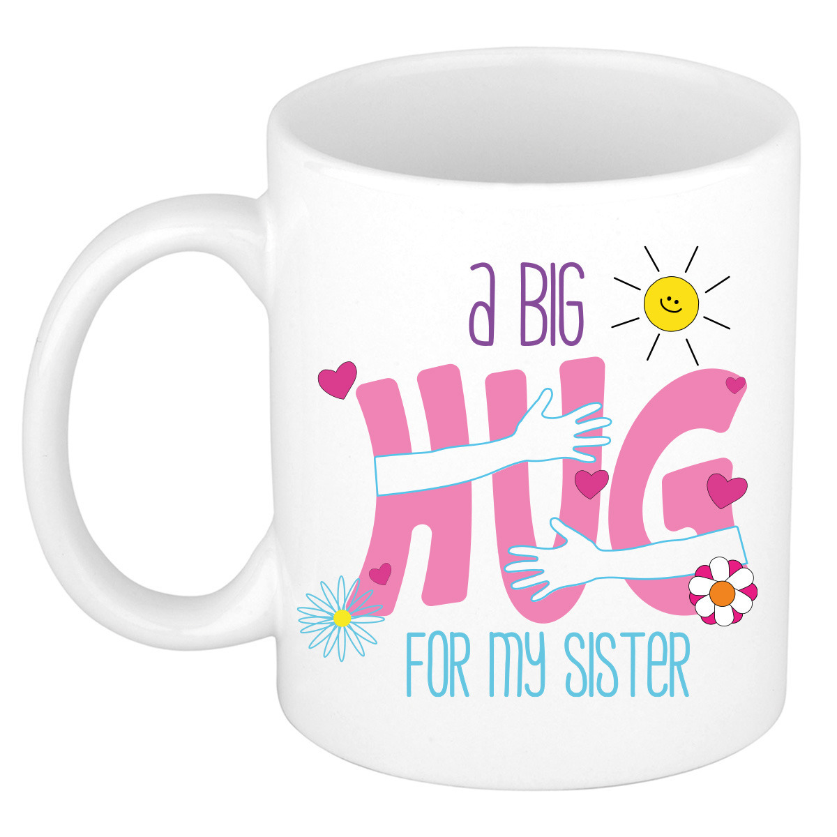 Cadeau koffie/thee mok voor zus - wit - big hug - 300 ml - keramiek - verjaardag -