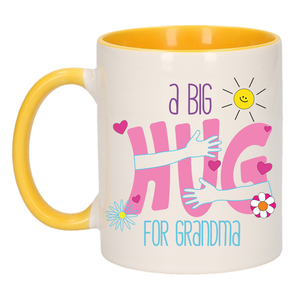Cadeau koffie/thee mok voor Oma - geel - big hug - keramiek - 300 ml - verjaardag/moederdag -