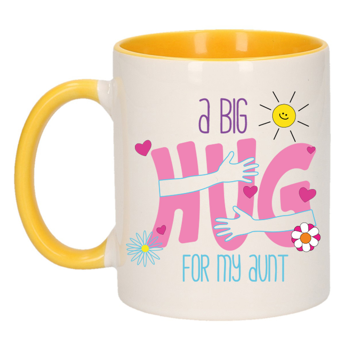 Cadeau koffie/thee mok voor tante - geel - big hug - keramiek - 300 ml - Verjaardag -
