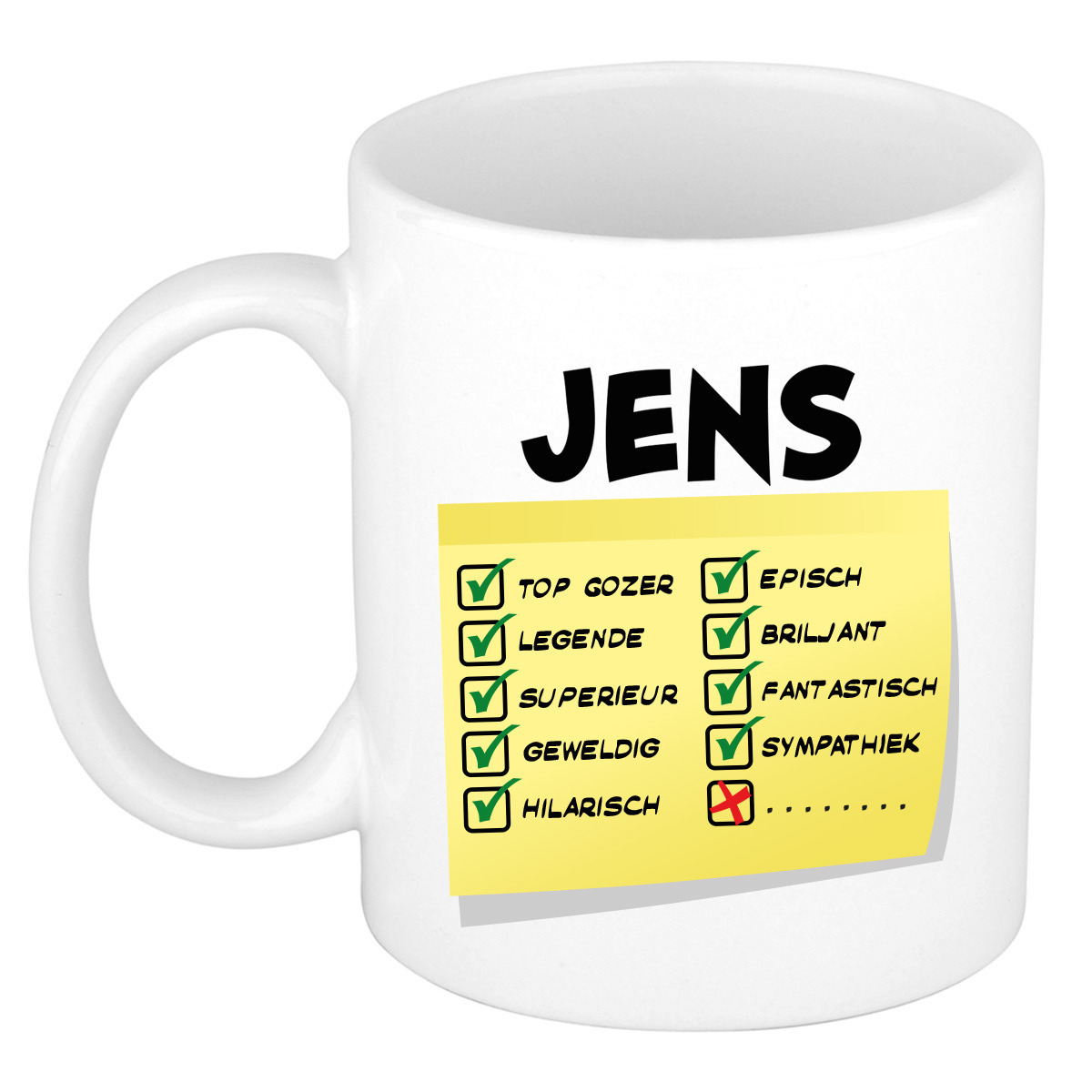 Naam mok Jens - wit - top gozer - keramiek - 300 ml - cadeau collega beker -