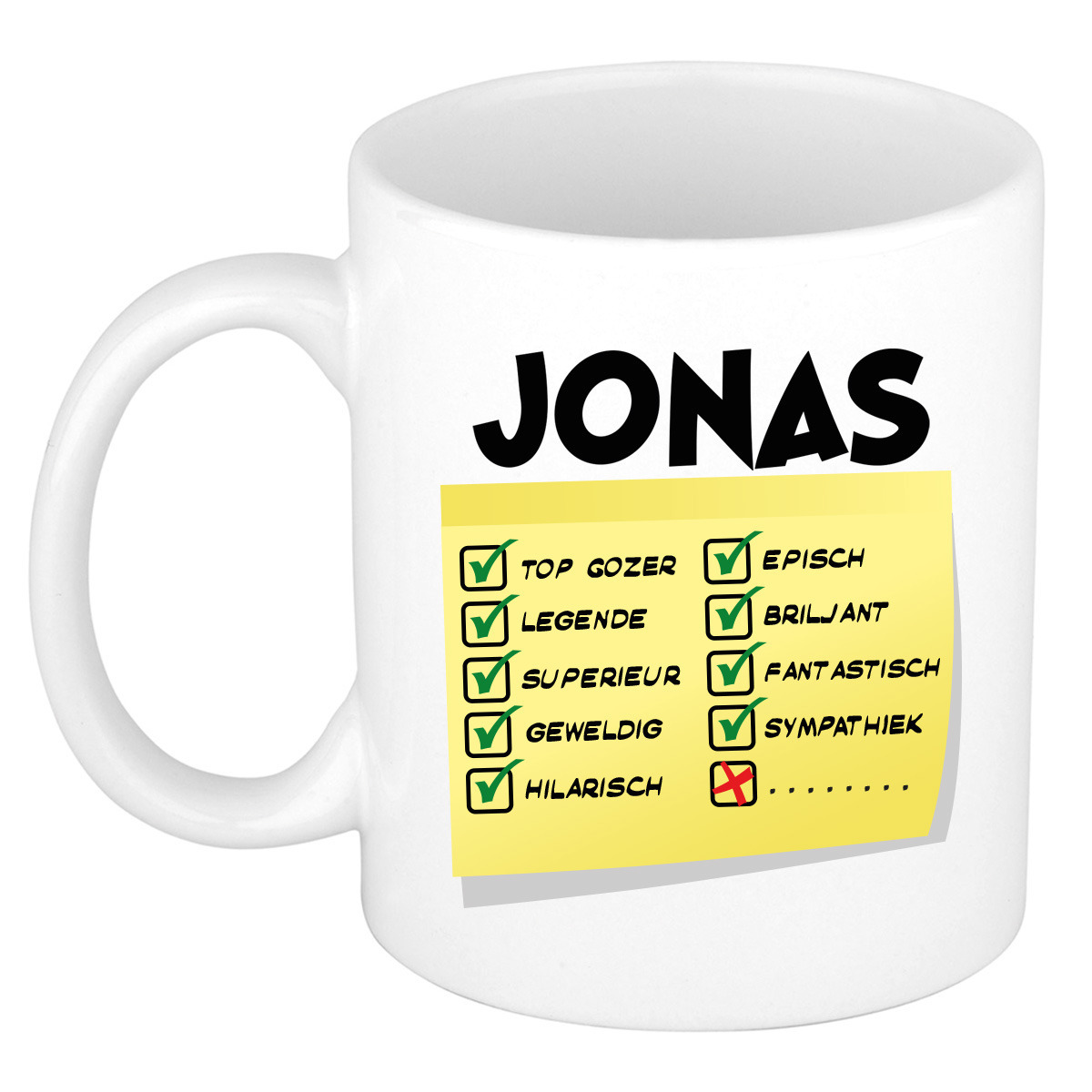 Naam mok Jonas - wit - top gozer - keramiek - 300 ml - cadeau collega beker -