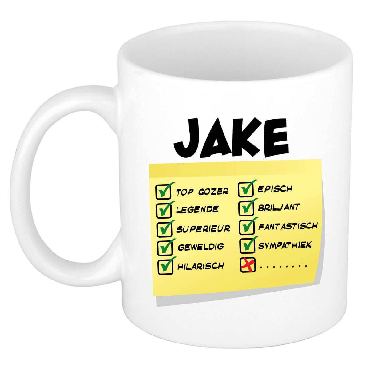 Naam mok Jake - wit - top gozer - keramiek - 300 ml - cadeau collega beker -