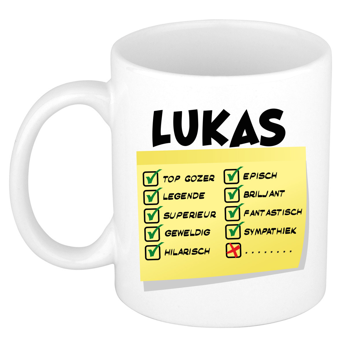 Naam mok Lukas - wit - top gozer - keramiek - 300 ml - cadeau collega beker -