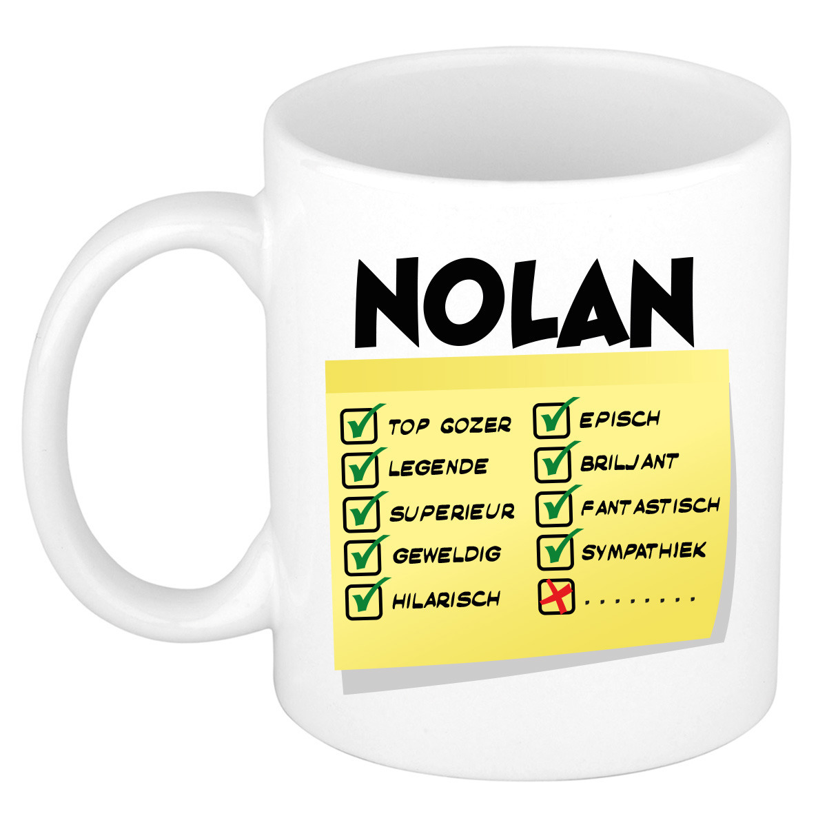 Naam mok Nolan - wit - top gozer - keramiek - 300 ml - cadeau collega beker -