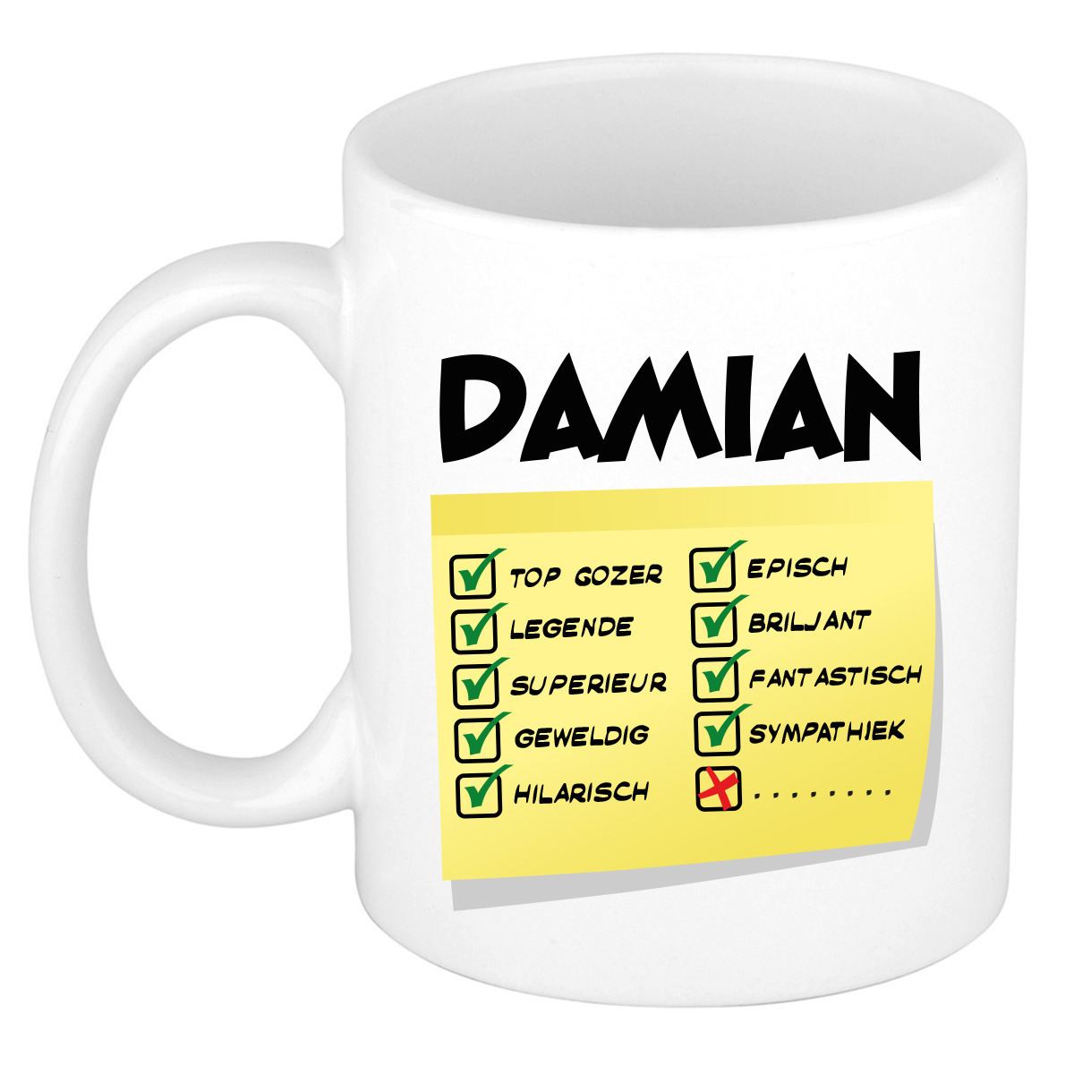Naam mok Damian - wit - top gozer - keramiek - 300 ml - cadeau collega beker -