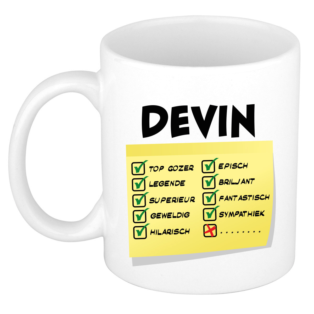 Naam mok Devin - wit - top gozer - keramiek - 300 ml - cadeau collega beker -